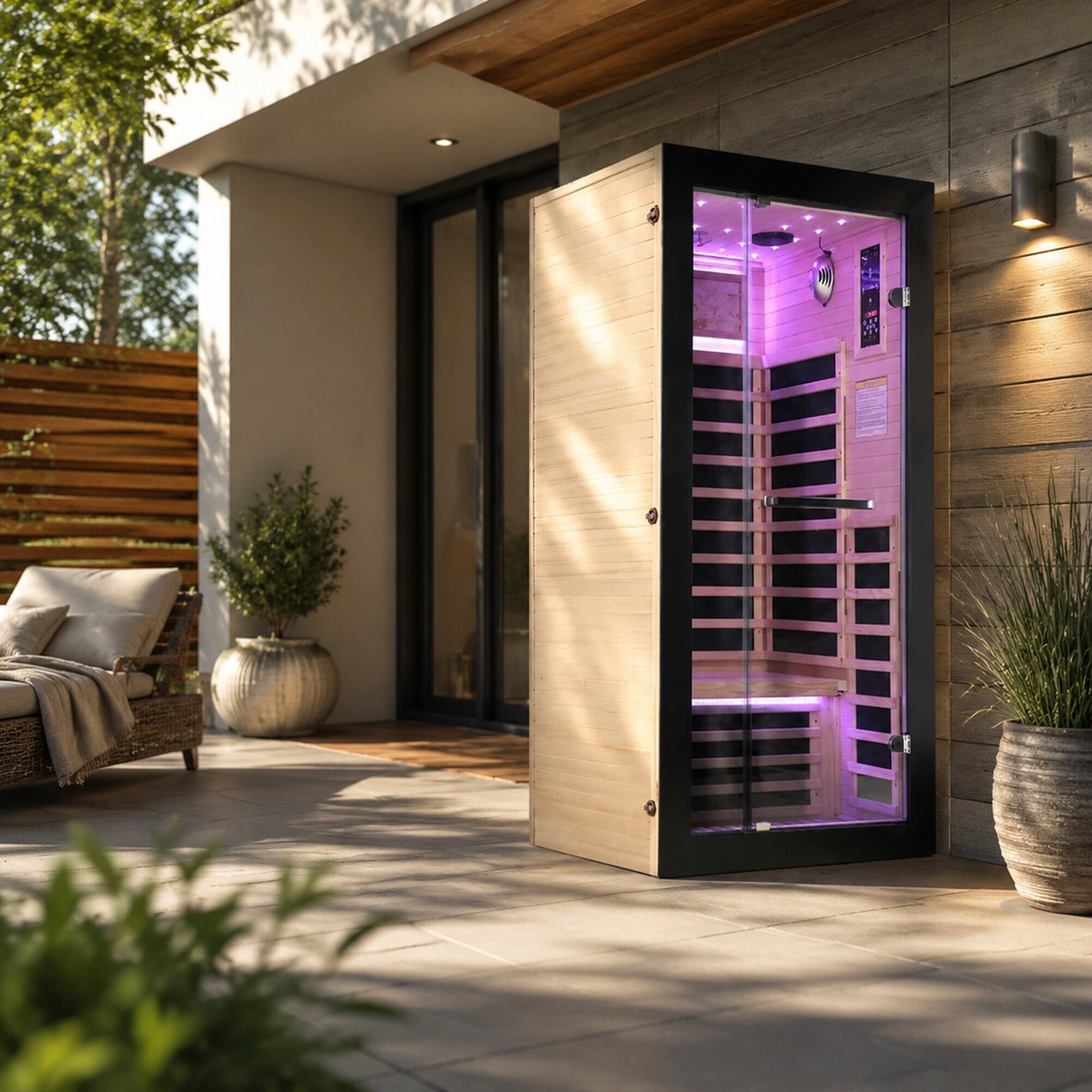 Angle. RYHNUYNE - Single-Person Hemlock Sauna, 90 x 90 x 180 cm, 1450W Carbon Plate Heaters, Starry Sky Ceiling Light, 7 Heating Plates - Ameican White Oak.