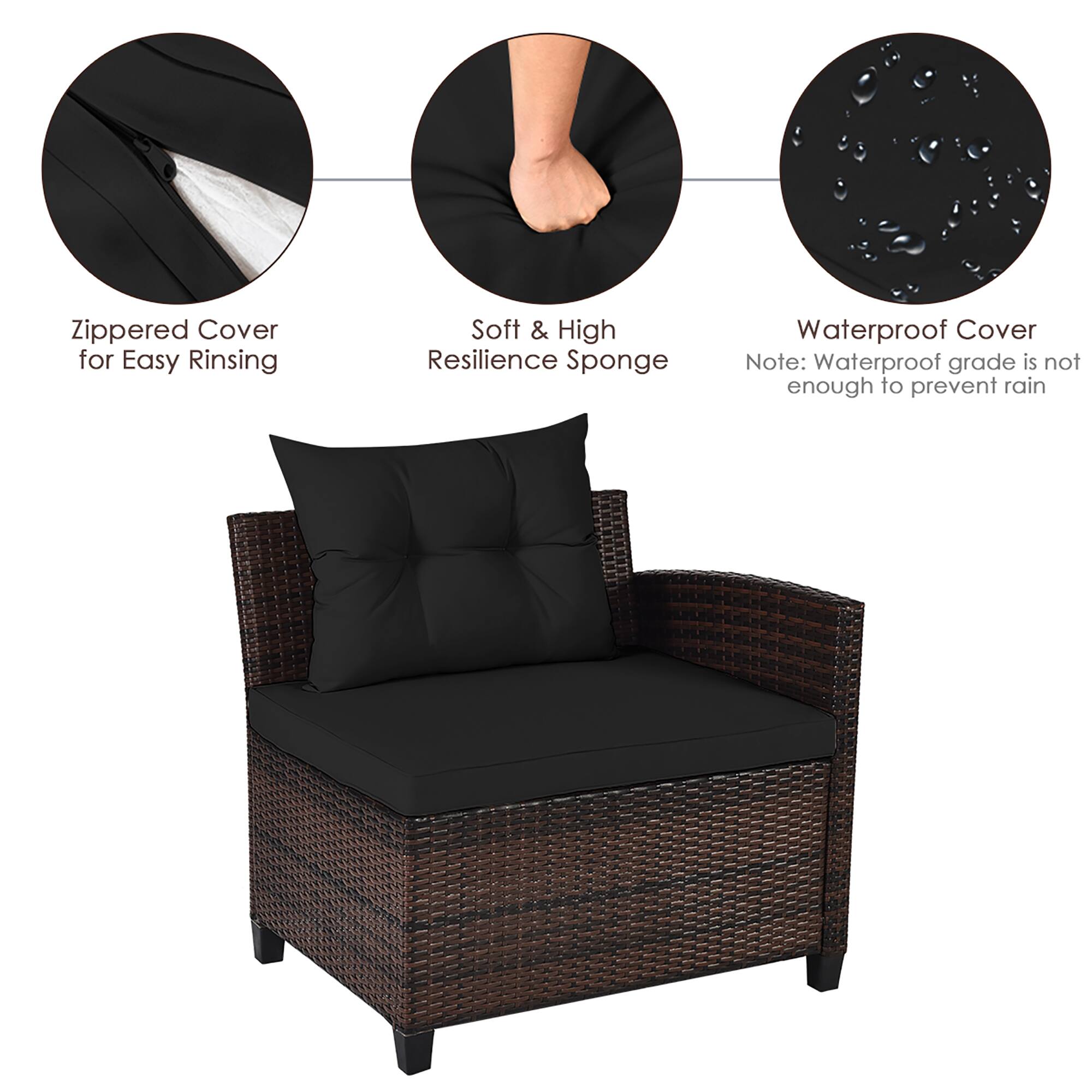 The image features a wicker chair with a black cushion on it. The chair has a zippered cover for easy rinsing, a soft and high resilience sponge, and a waterproof cover that is not enough to prevent rain. The chair is displayed in a way that showcases its features and benefits.