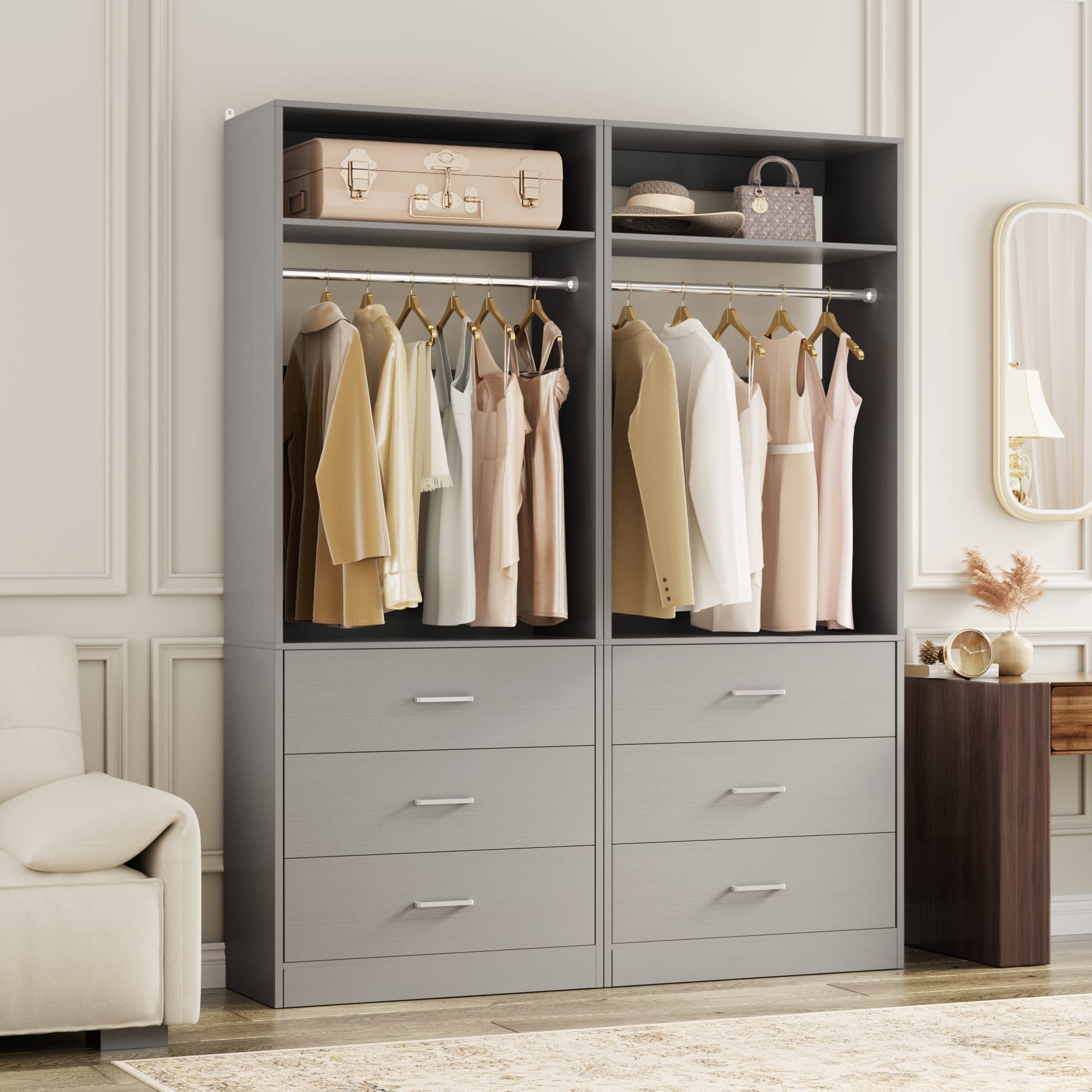 Aheaplus - 48" Set of 2 Closet Systems w/6 Wood Drawers, 2 Hanging Rods & 2 Shelves - Heavy Duty Walk-in Organizer - Gray