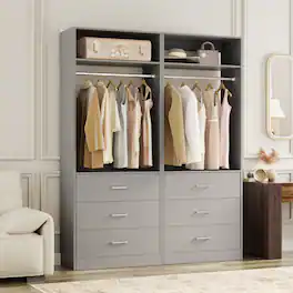 Aheaplus - 48" Set of 2 Closet Systems w/6 Wood Drawers, 2 Hanging Rods & 2 Shelves - Heavy Duty Walk-in Organizer - Gray