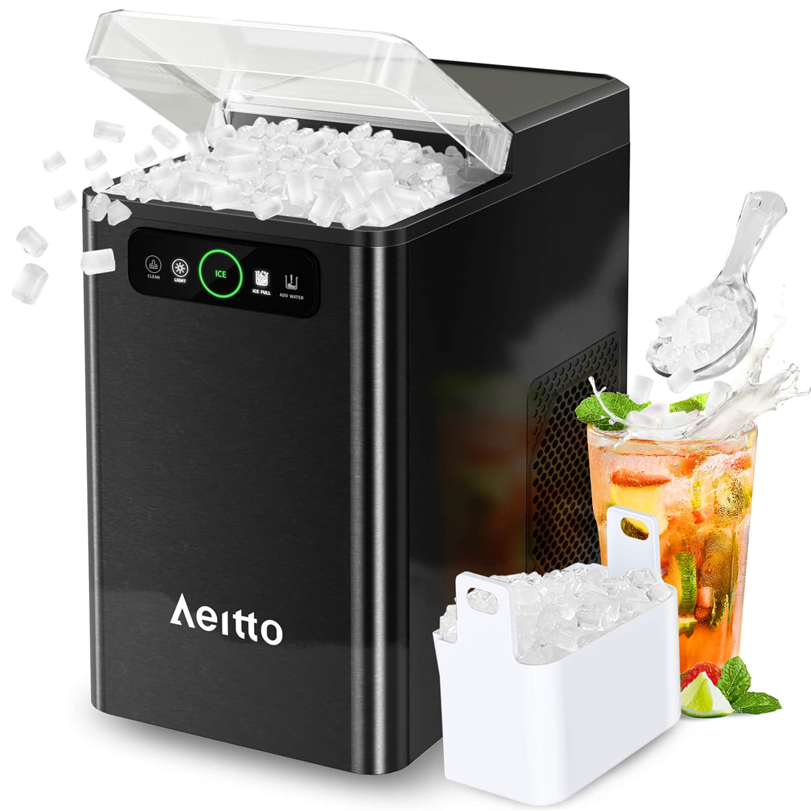Aeitto - Nugget Ice Maker Countertop, Pellet Ice Machine Soft Chewable Ice 40lbs/Day - Black