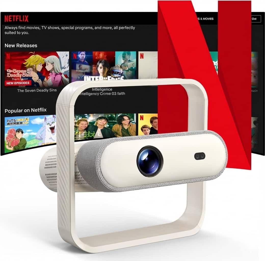 AOITUN - Smart Projector 4K Support, Built-in Netflix, 1500 ANSI, WiFi 6, Auto Focus/Keystone, 360° Stand, Dolby Audio Speaker - White