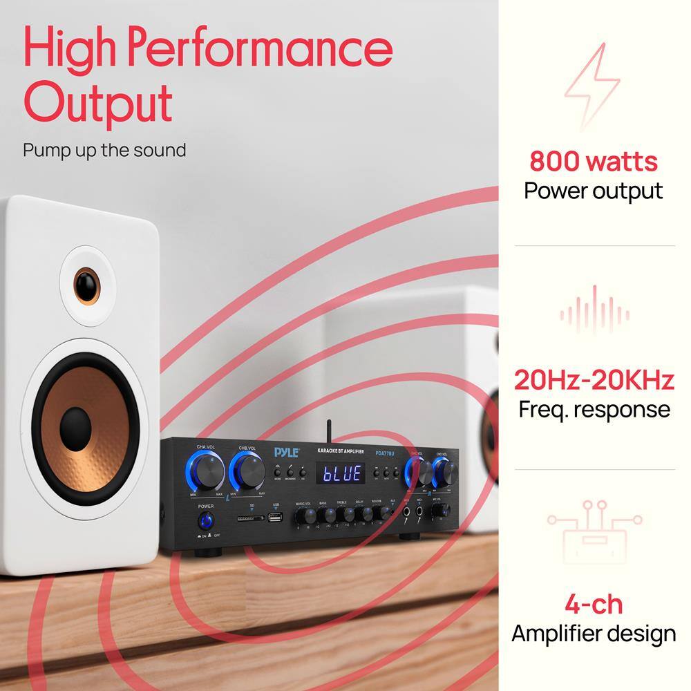 High Performance Output  
Pump up the sound  

800 watts  
Power output  

20Hz-20KHz  
Freq. response  

4-ch  
Amplifier design