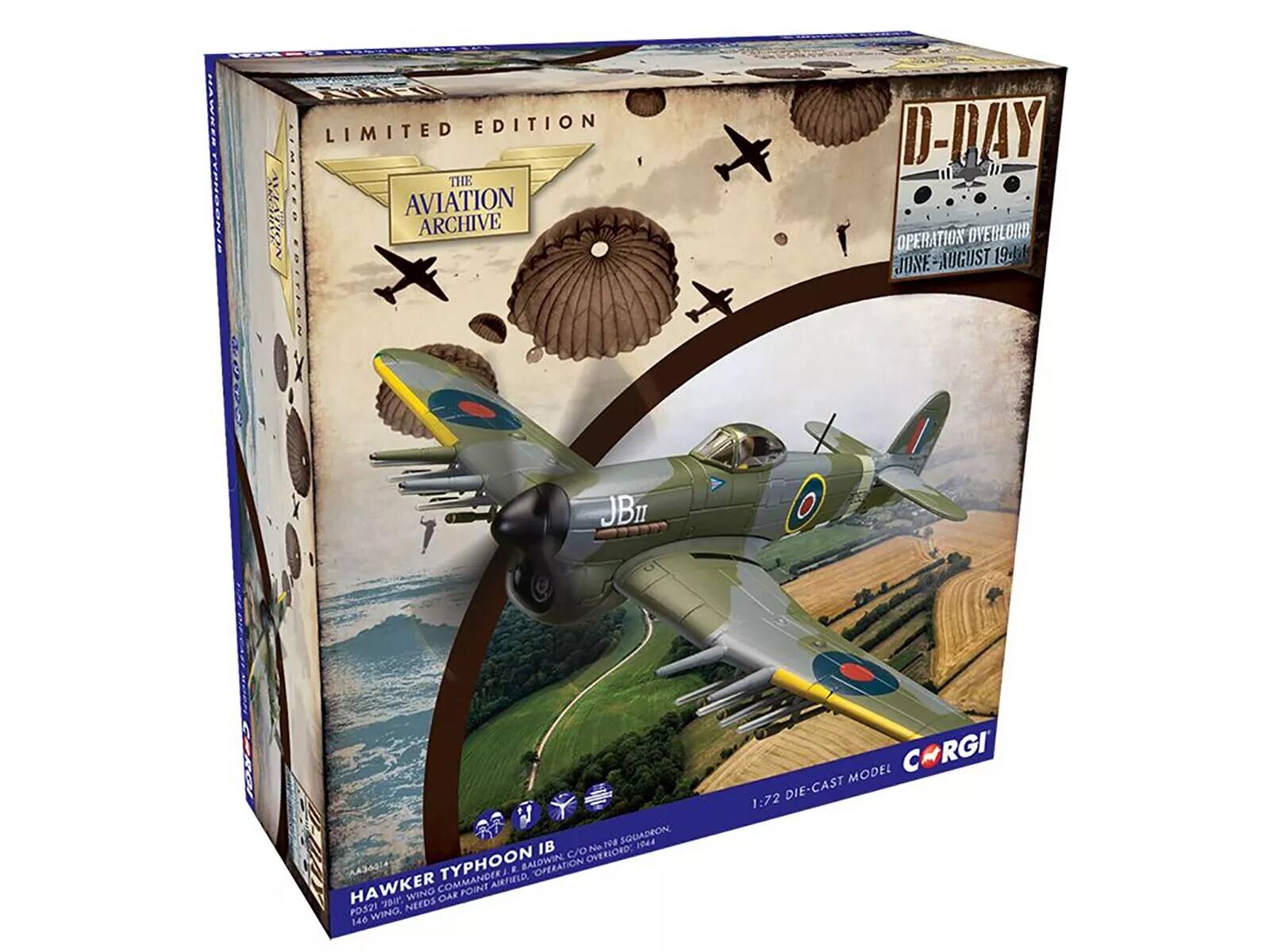 HAWKER LIMITED EDITION  
AVIATION THE ARCHIVE  
D-DAY OPERATION OVERLORD JUNE-AUGUST 1944  
HAWKER TYPHOON IB  
COMMANDER J.R. BALEW  
104 SQUADRON  
OPERATION OVERLORD  
1:72 DIE-CAST  
MODEL  
CORGI  
POSTED WING, NEAR OAK POINT AIRFIELD  
146 WING, NEAR OAK POINT AIRFIELD