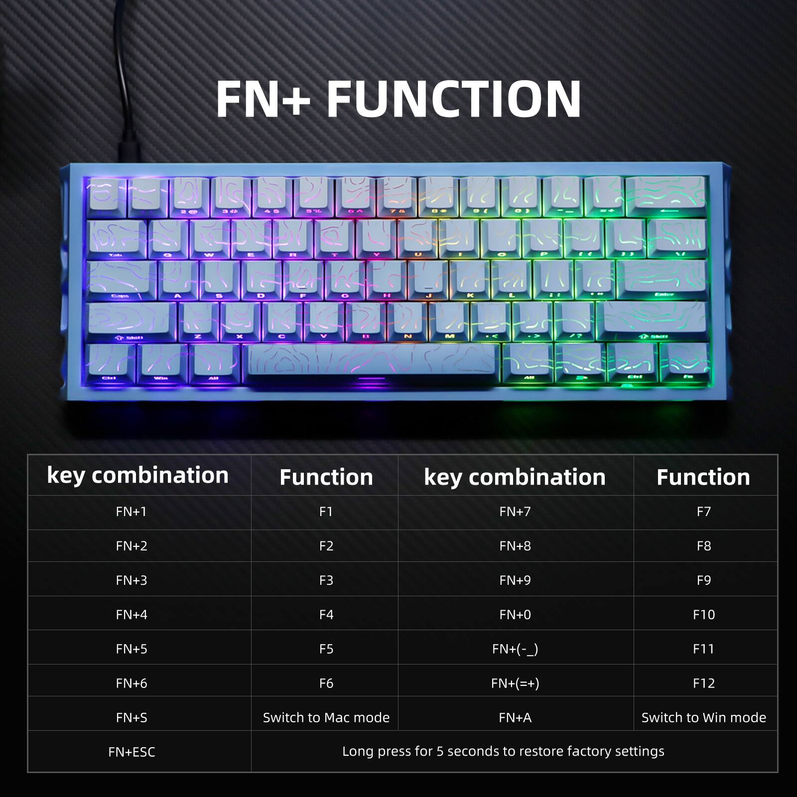 FN+ FUNCTION

key combination | Function | key combination | Function
--- | --- | --- | ---
FN+1 | F1 | FN+7 | F7
FN+2 | F2 | FN+8 | F8
FN+3 | F3 | FN+9 | F9
FN+4 | F4 | FN+0 | F10
FN+5 | F5 | FN+(-_) | F11
FN+6 | F6 | FN+(=+) | F12
FN+S | Switch to Mac mode | FN+A | Switch to Win mode
FN+ESC | Long press for 5 seconds to restore factory settings