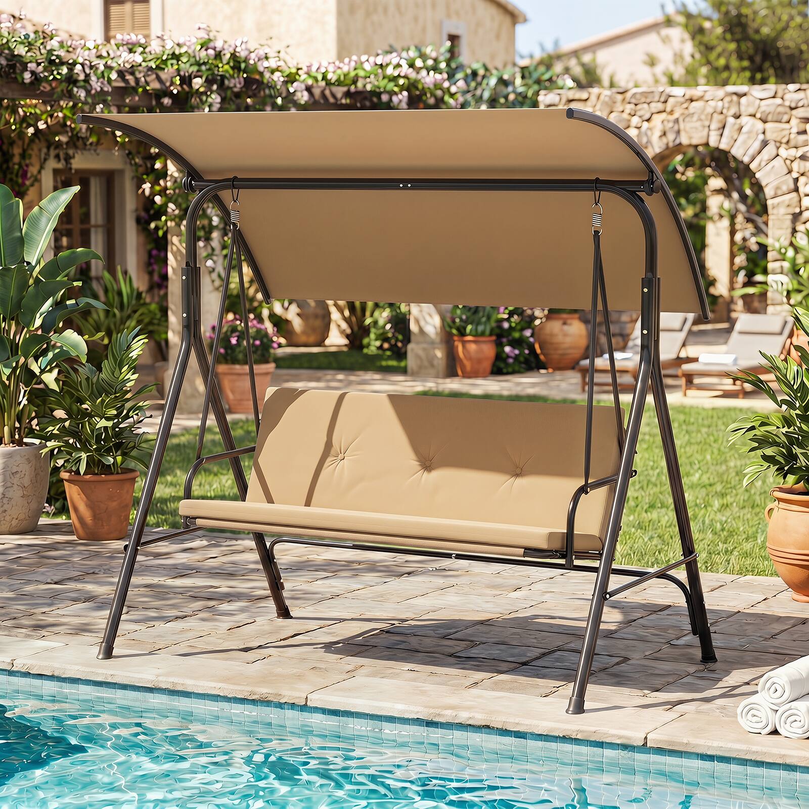 Alt View 4. Costway - Costway Swing Chair with Adjustable Canopy,Swing with Removable Cushion&Heavy-duty Metal Stand - Beige.