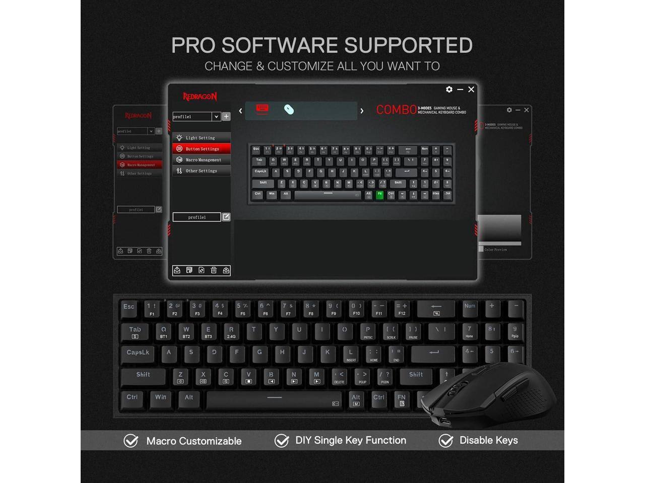 REDRAGON S136 75% Tri Mode Wireless RGB Mech Keyboard & 7200 DPI Mouse ...