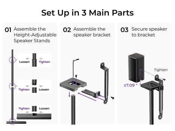 Set Up in 3 Main Parts

01 Assemble the Height-Adjustable Speaker Stands

02 Assemble the speaker bracket

03 Secure speaker to bracket

Loosen
Tighten
Tighten
Tighten
Loosen
Tighten
Loosen

≤7.09"