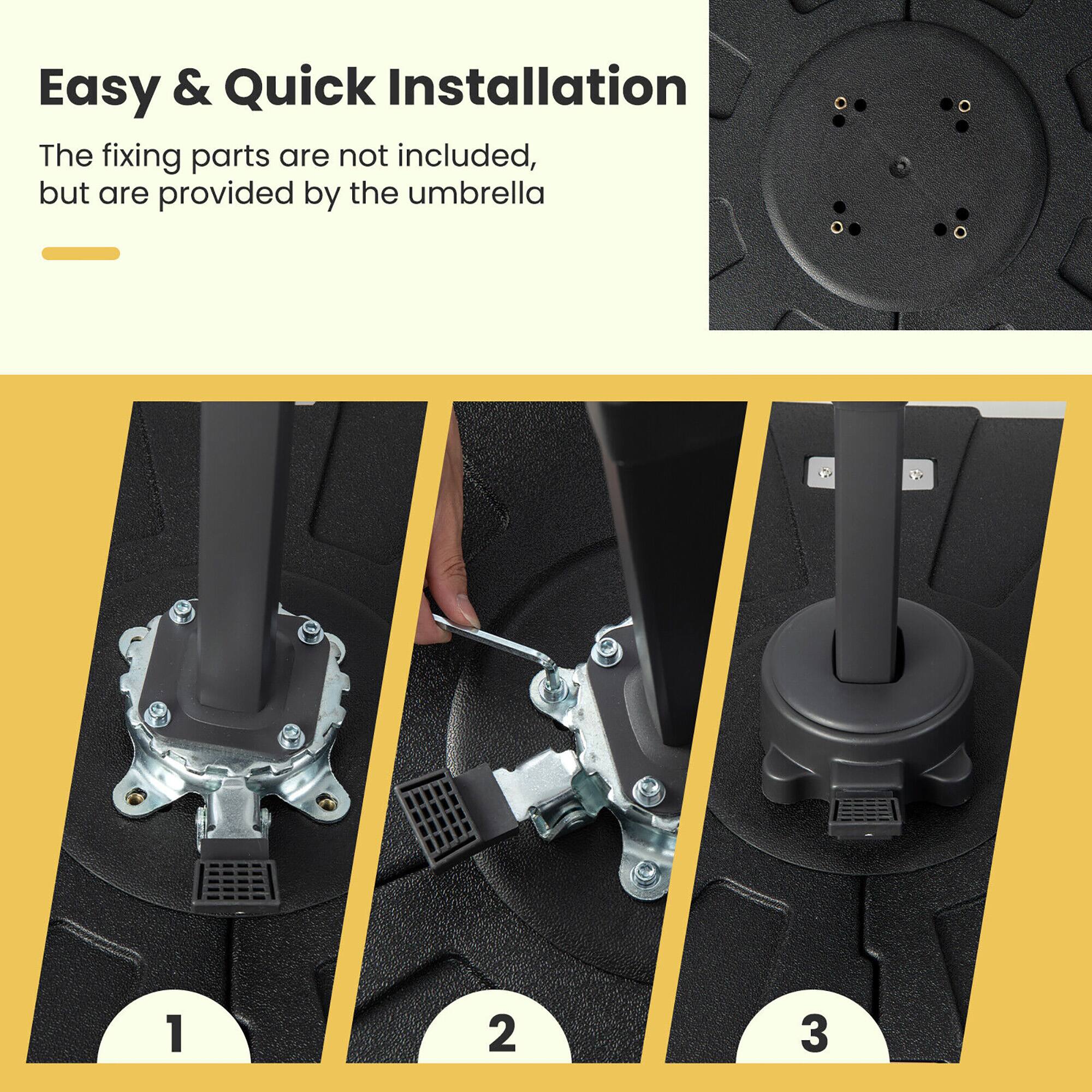 Easy & Quick Installation

The fixing parts are not included, but are provided by the umbrella

1
2
3