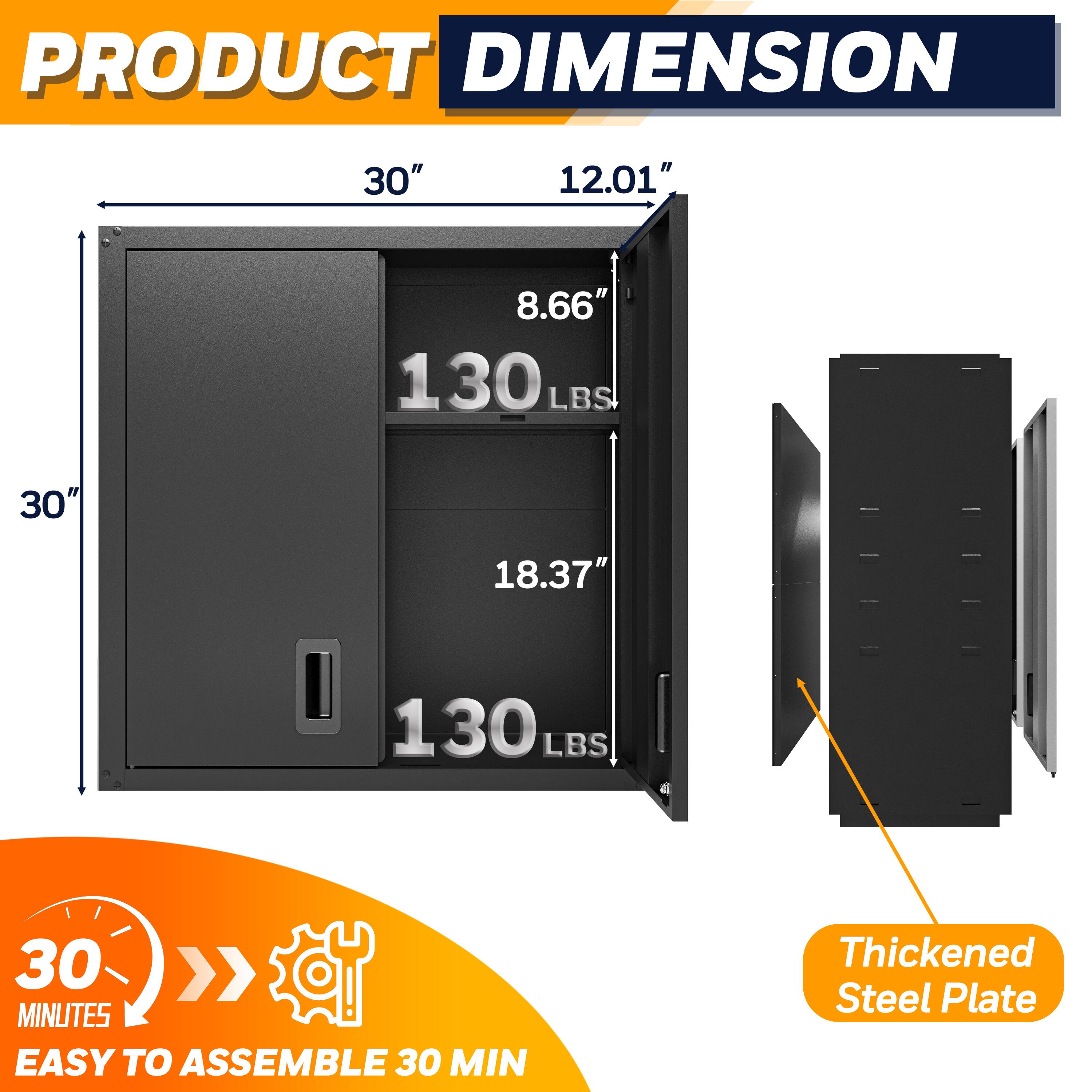 **PRODUCT DIMENSION**

- **30"** (Height)
- **12.01"** (Width)
- **8.66"** (Depth)
- **130 LBS** (Weight)
- **30"** (Height)
- **18.37"** (Depth)
- **130 LBS** (Weight)

**30 MINUTES EASY TO ASSEMBLE**

**Thickened Steel Plate**