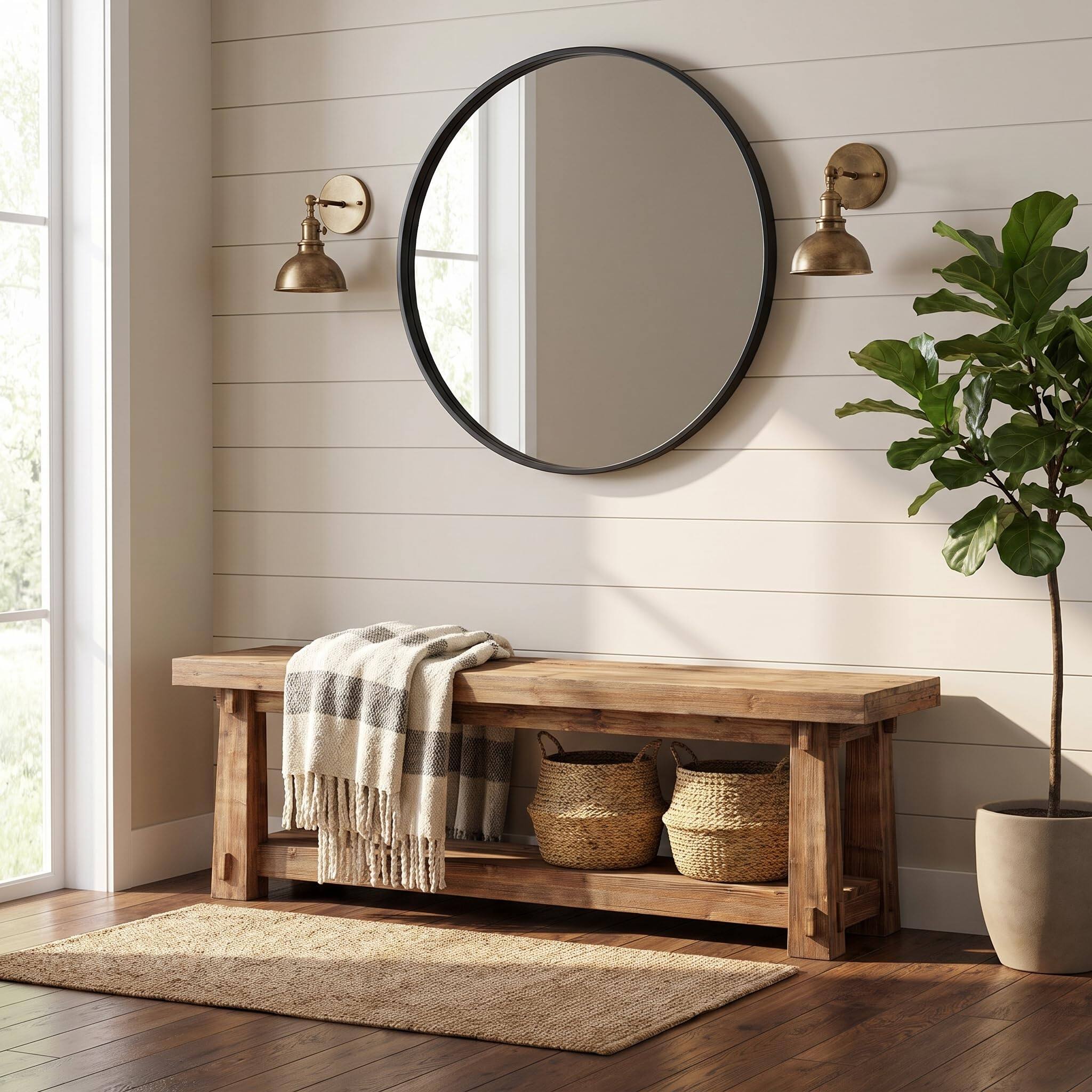 Back. Tribesigns - 55" Wood Entryway Bench with Shoe Storage, Rustic Dining Bench - Light Brown.