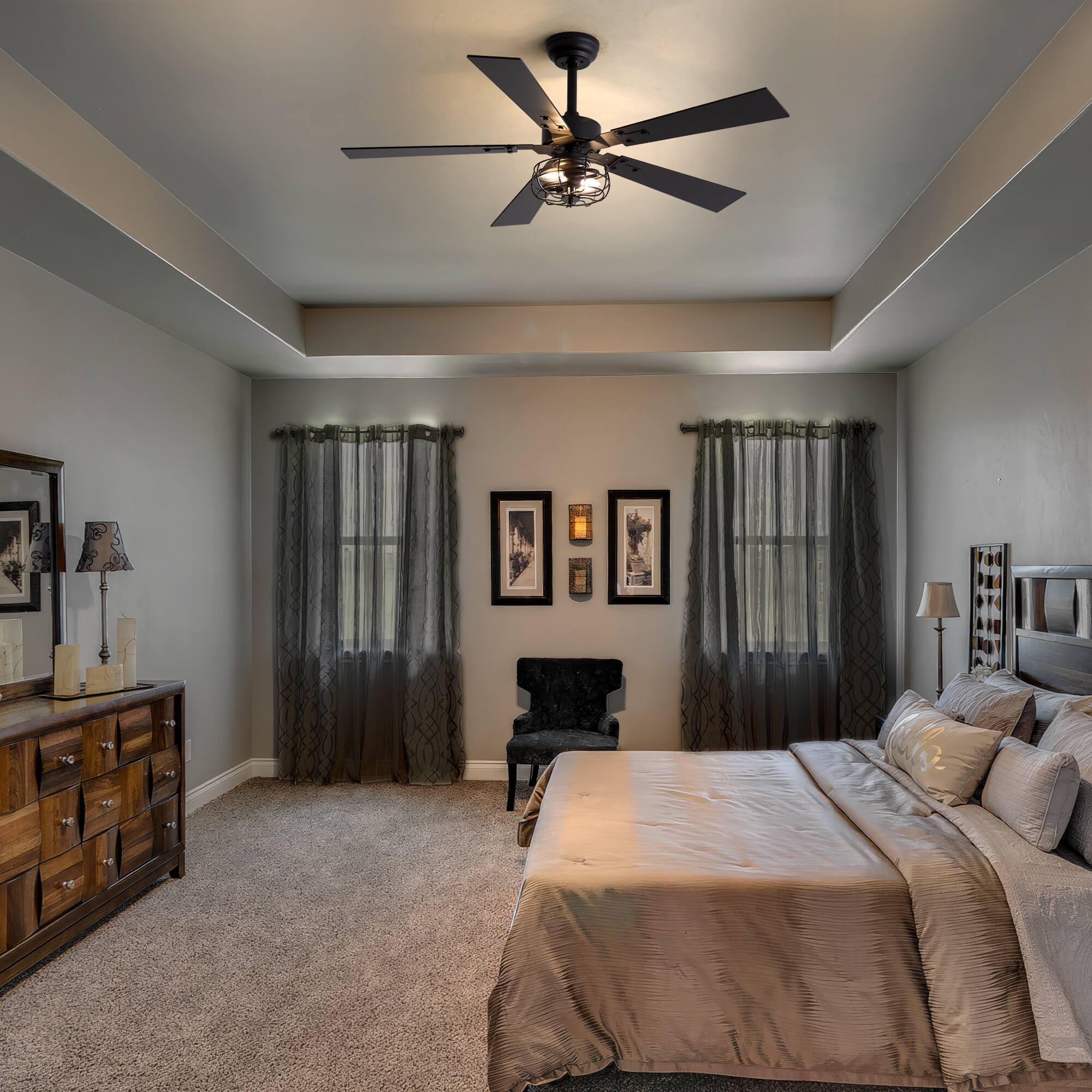 Alt View 1. Breezary - 48" Indoor Ceiling Fan with Light Kit and Remote, 6-Speed DC Motor, Timer, 5 Plywood Blades, 4''/8'' Downrods - Matte Black.