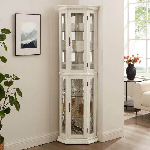 Left. LUCKY ONE - 15.35in Freestanding Corner Curio Cabinet with Glass Shelves LED Light Display Case for Collectibles Bar - White.