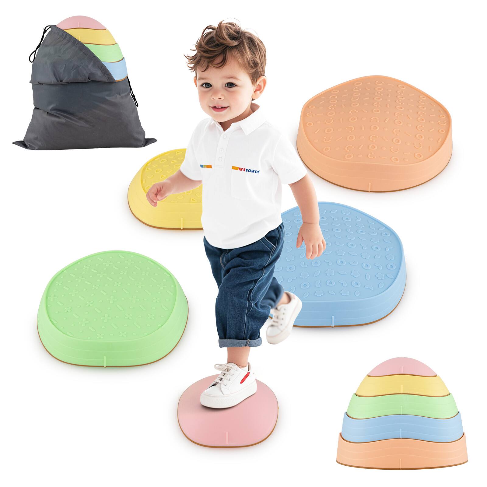 Front. Gymax - Gymax 5 PCS Stepping Stones for Kids w/Storage Bag for Motor Skills Strength Ages 3+ Outdoor - Multi-Color.