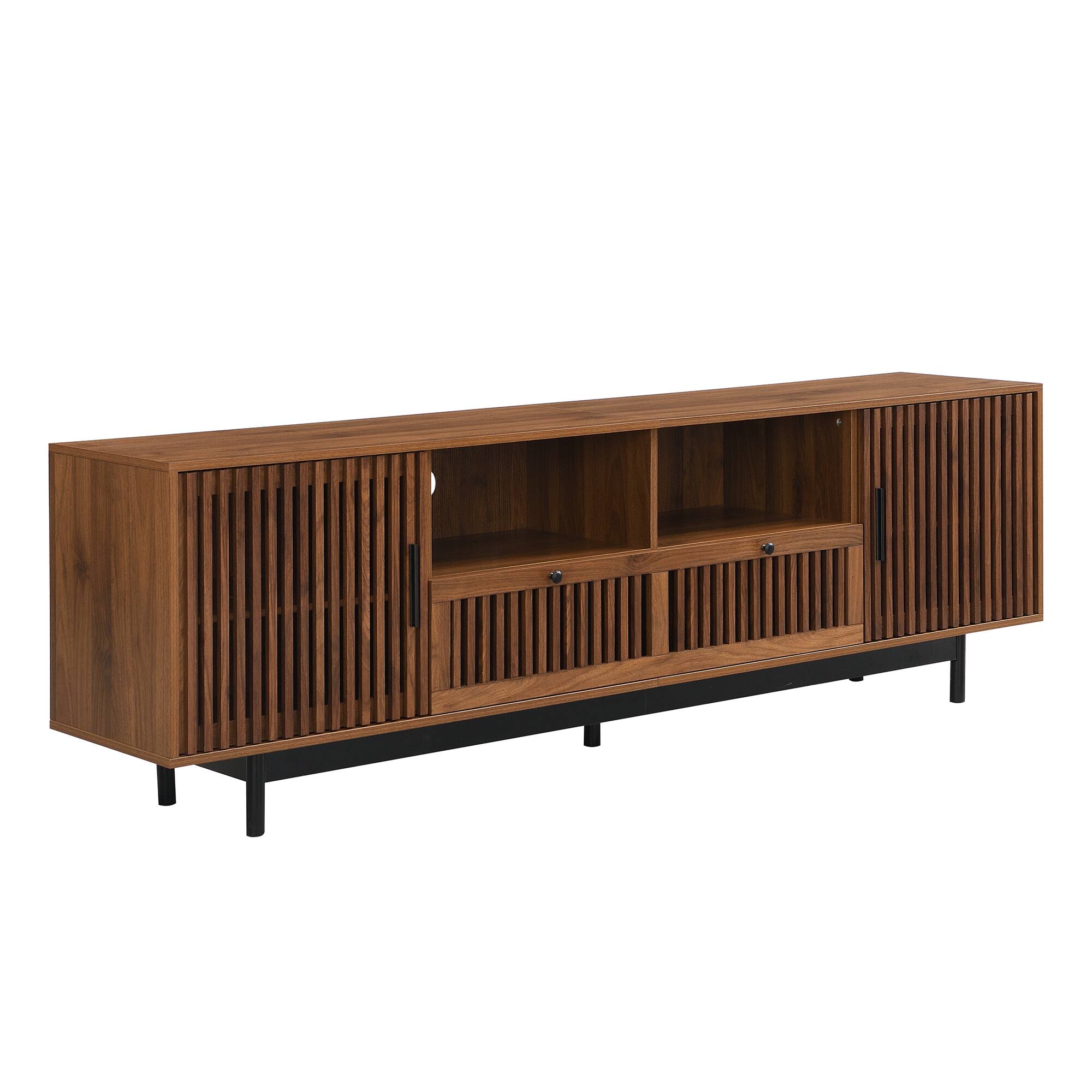 Alt View 5. MERAVOM - Mid-Century Modern TV Stand for TVs Up to 85", Entertainment Center with 2 Storage Cabinets, 2 Drawers & 2 Open Shelves - Walnut.
