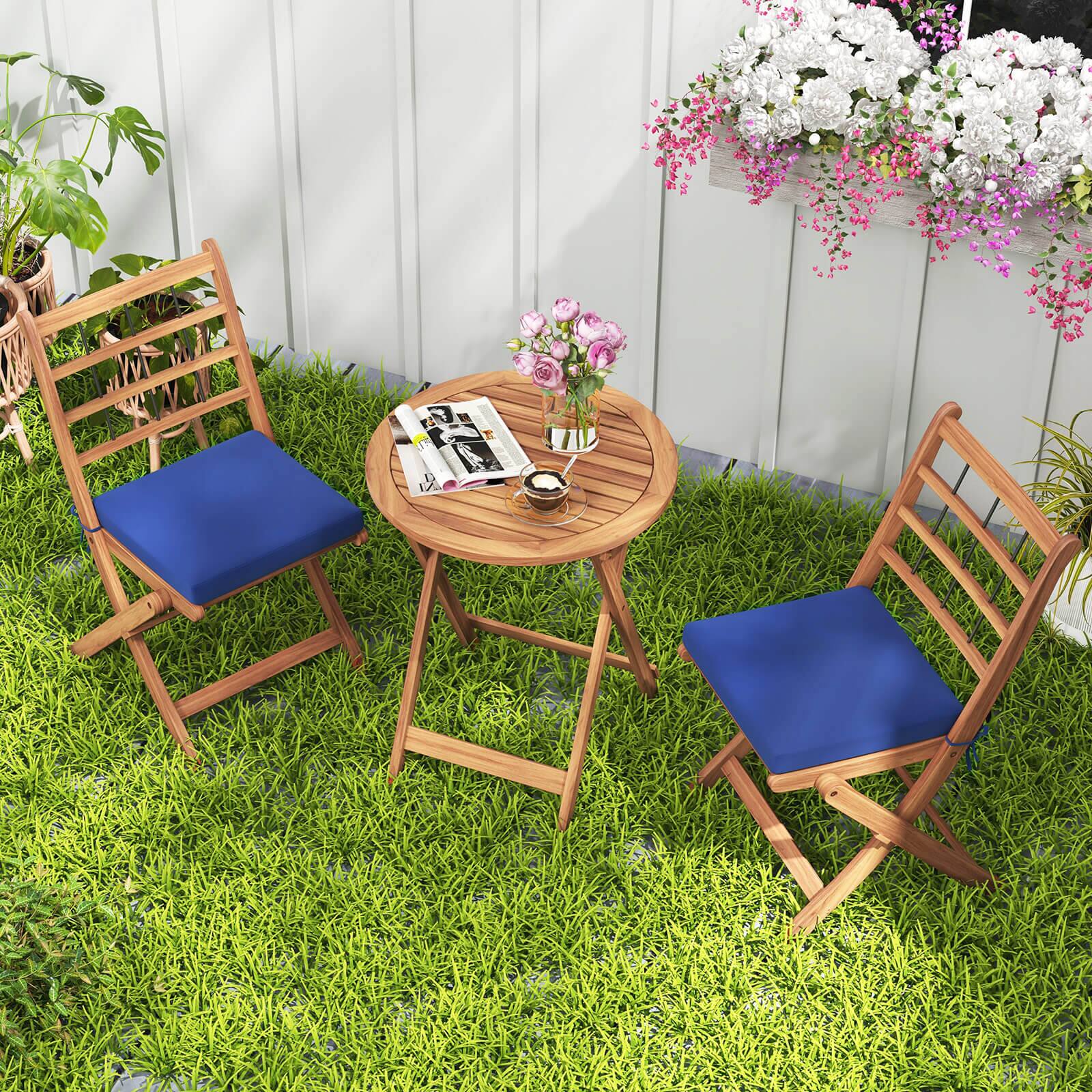 Alt View 4. Costway - 3 PCS Acacia Wood Patio Bistro Set Folding Outdoor Table and Chairs with Cushions - Navy,Natural.
