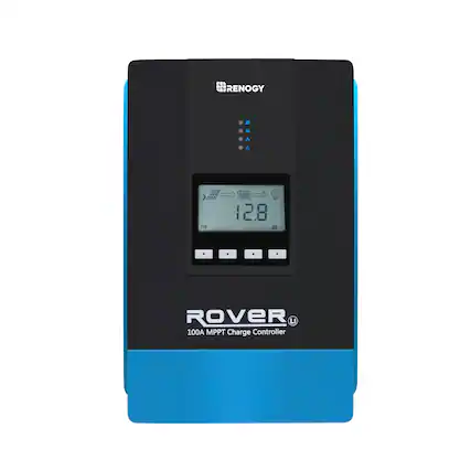 The text on the image is grouped and corrected as follows:
"RENOGY 12.8 129 - ROVER 100A MPPT Charge Controller"