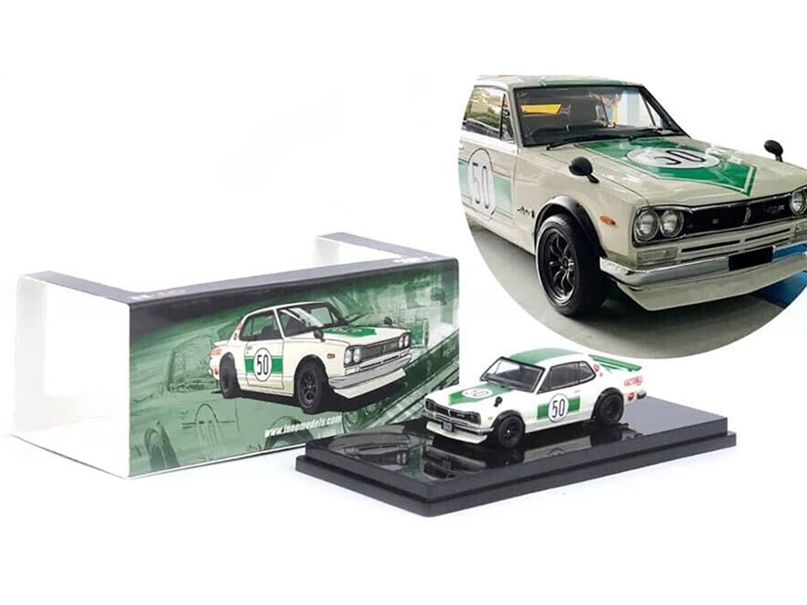 Left. Inno Models - Nissan Skyline 2000 GT-R KPGC10 #50 RHD White Green Stripes Malaysia Diecast Expo 2023 Event Edition 1/64 - White, Green.