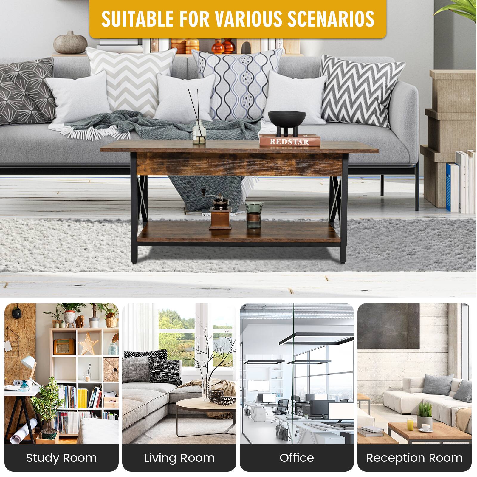 The text on the image is already grouped and correct, indicating that the furniture is suitable for various scenarios, such as a study room, living room, office, and reception room.