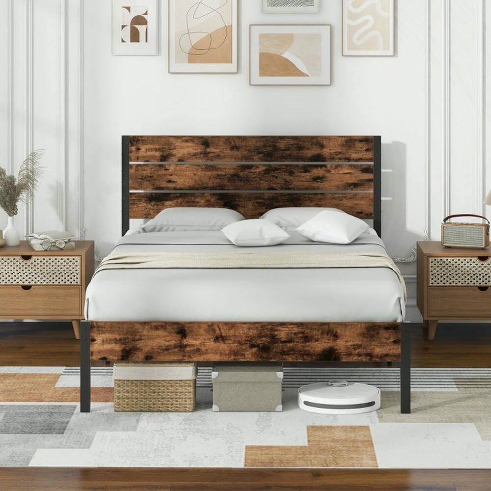 Angle. Kadyn - Platform Bed Frame, Bedroom Bed Frame,Full/King/Queen/Twin Size Bed Frame with High Headboard and Mute Bar-Full Size - Brown.