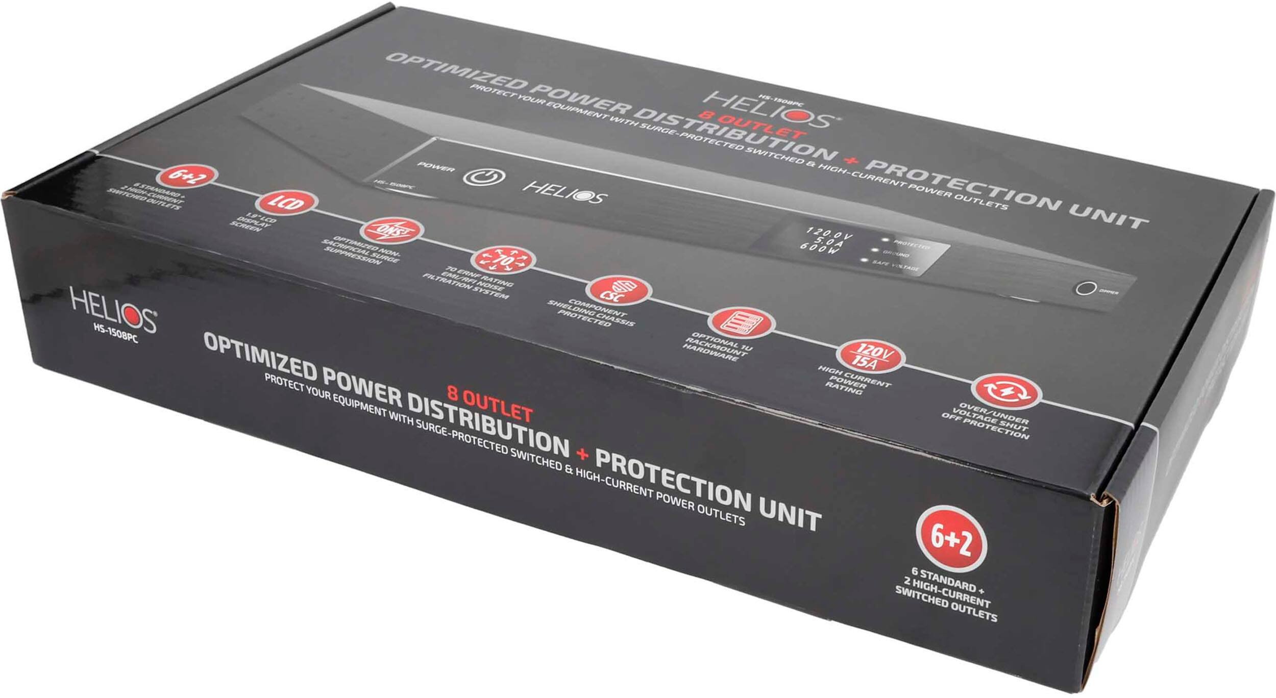 The text on the image reads: "Optimized Protect Your Power Equipment with Helios 105-1900PC with Outlet Surge-Pro Protection Switched + High-Current Protection Power Outlets LCD Outlets Screen Protection Unit 6+2 6 2 Standard High-Current + Switched Outlets 120.0V 5.0A Timed 600W Motector Suppression Source CSTAN 20 mV/RMS Noise Rating Helios System LDNNO Component Protection Chassis H5-1508PC Optional Hardware FEF 120V Optimized Protect High Current 15A Your Power Equipment with Distribution Off Voltage Over/Under Shut Surge-Protected Protection Switched + High-Current Protection Power Outlets Unit."