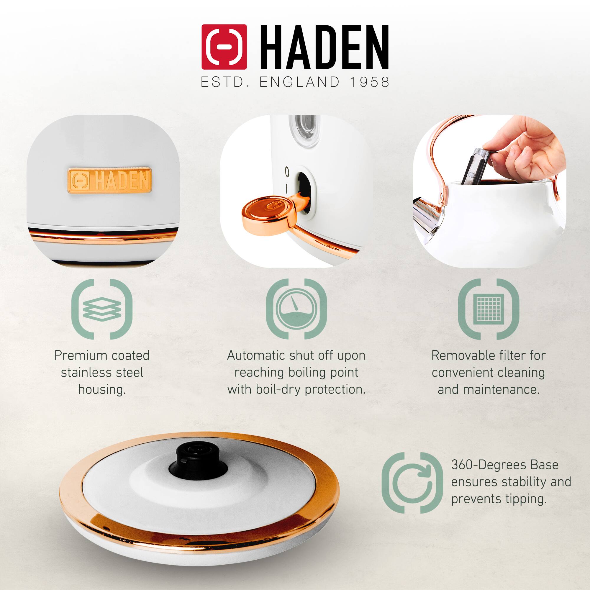 HADEN  
ESTD. ENGLAND 1958  

- Premium coated stainless steel housing.  
- Automatic shut off upon reaching boiling point with boil-dry protection.  
- Removable filter for convenient cleaning and maintenance.  
- 360-Degrees Base ensures stability and prevents tipping.