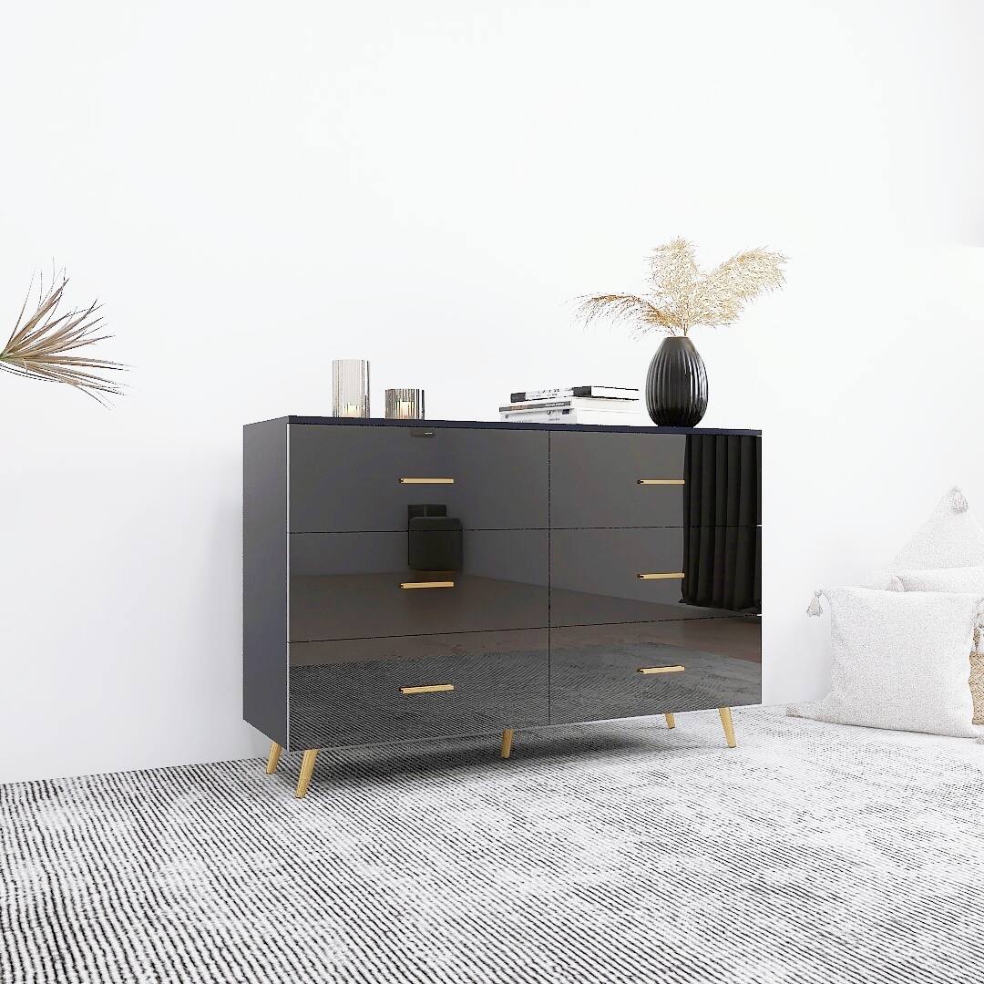 Back. APRILSOUL - High Glossy Surface 6 Drawers Chest of Drawer with Golden Handle and Golden Steel Legs Black Color Vanity - Black.