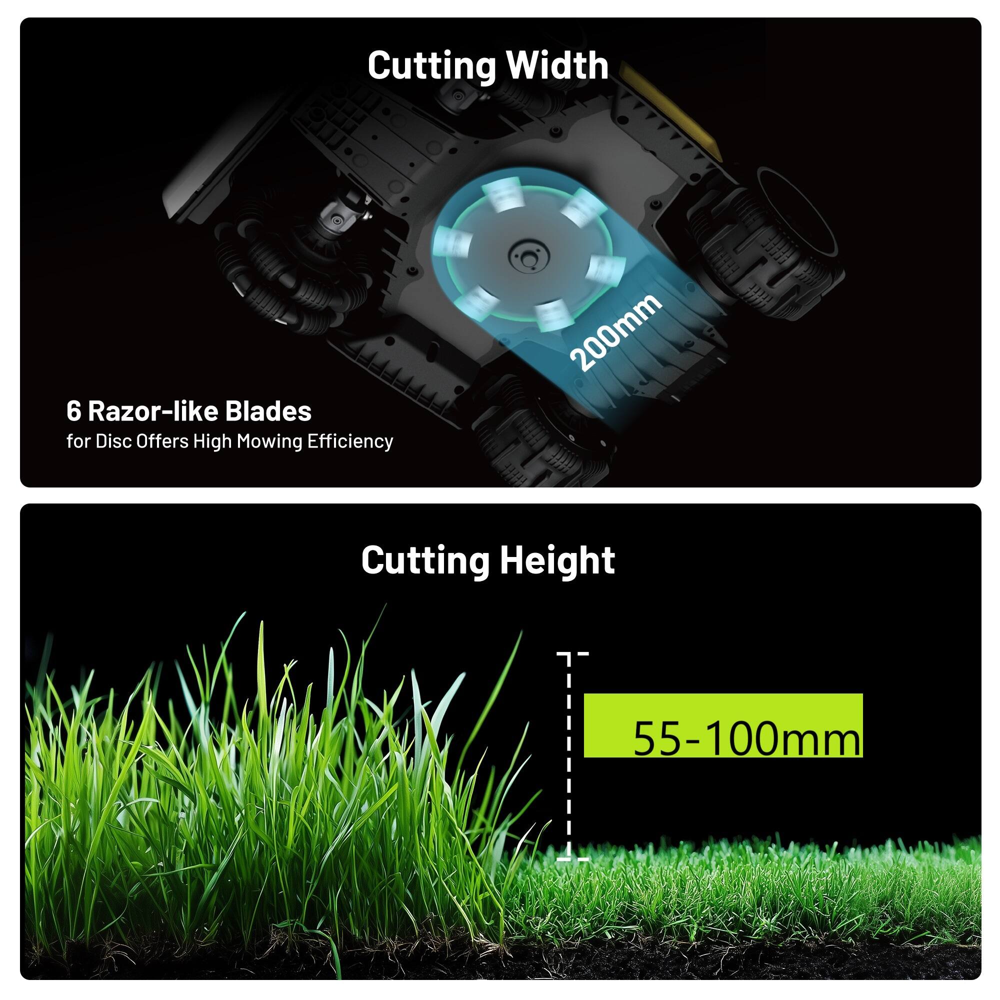 Cutting Width  
200mm  

6 Razor-like Blades for Disc Offers High Mowing Efficiency  

Cutting Height  
55-100mm