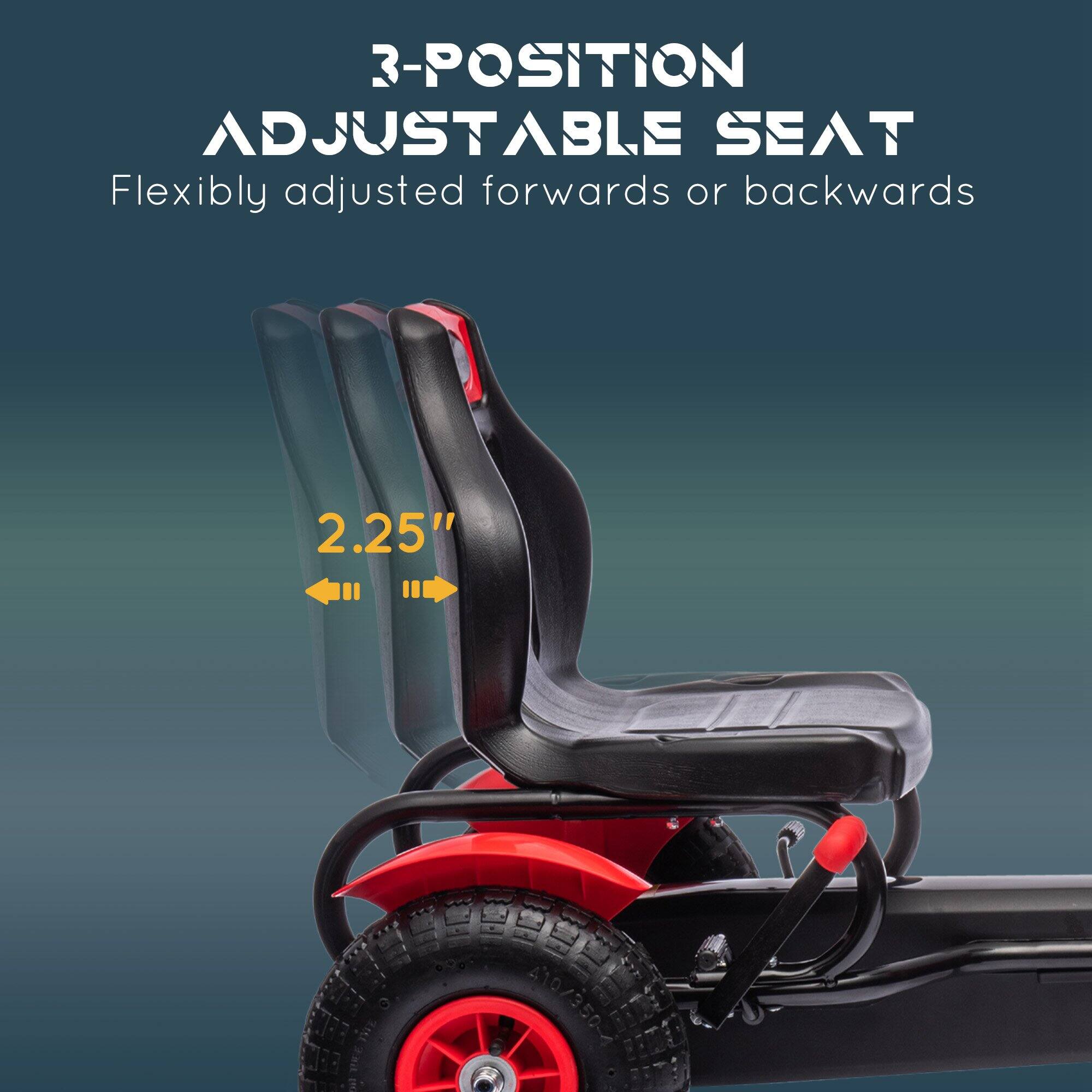 3-POSITION ADJUSTABLE SEAT  
Flexibly adjusted forwards or backwards  

2.25"