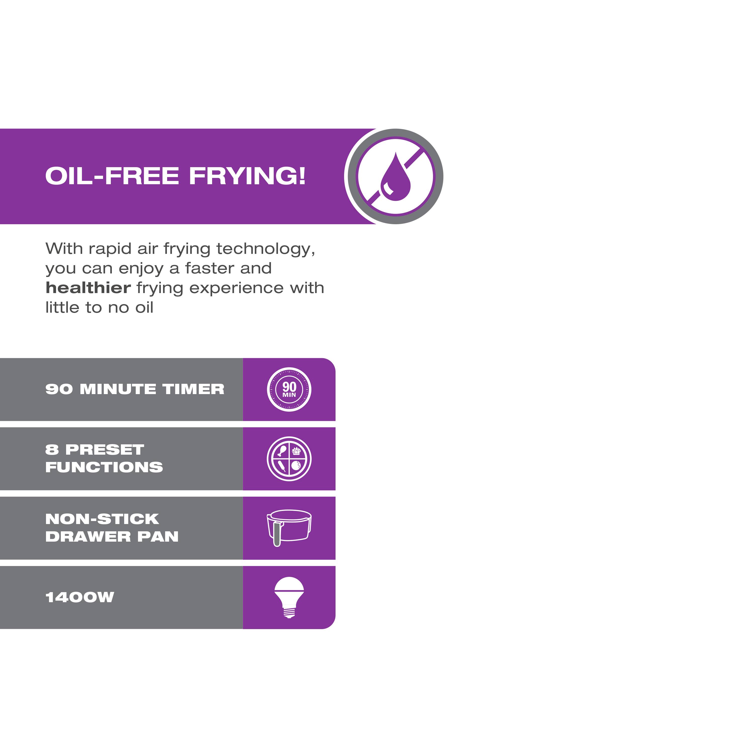 OIL-FREE FRYING! With rapid air frying technology, you can enjoy a faster and healthier frying experience with little to no oil. 

- 90 MINUTE TIMER
- 8 PRESET FUNCTIONS
- NON-STICK DRAWER PAN
- 1400W