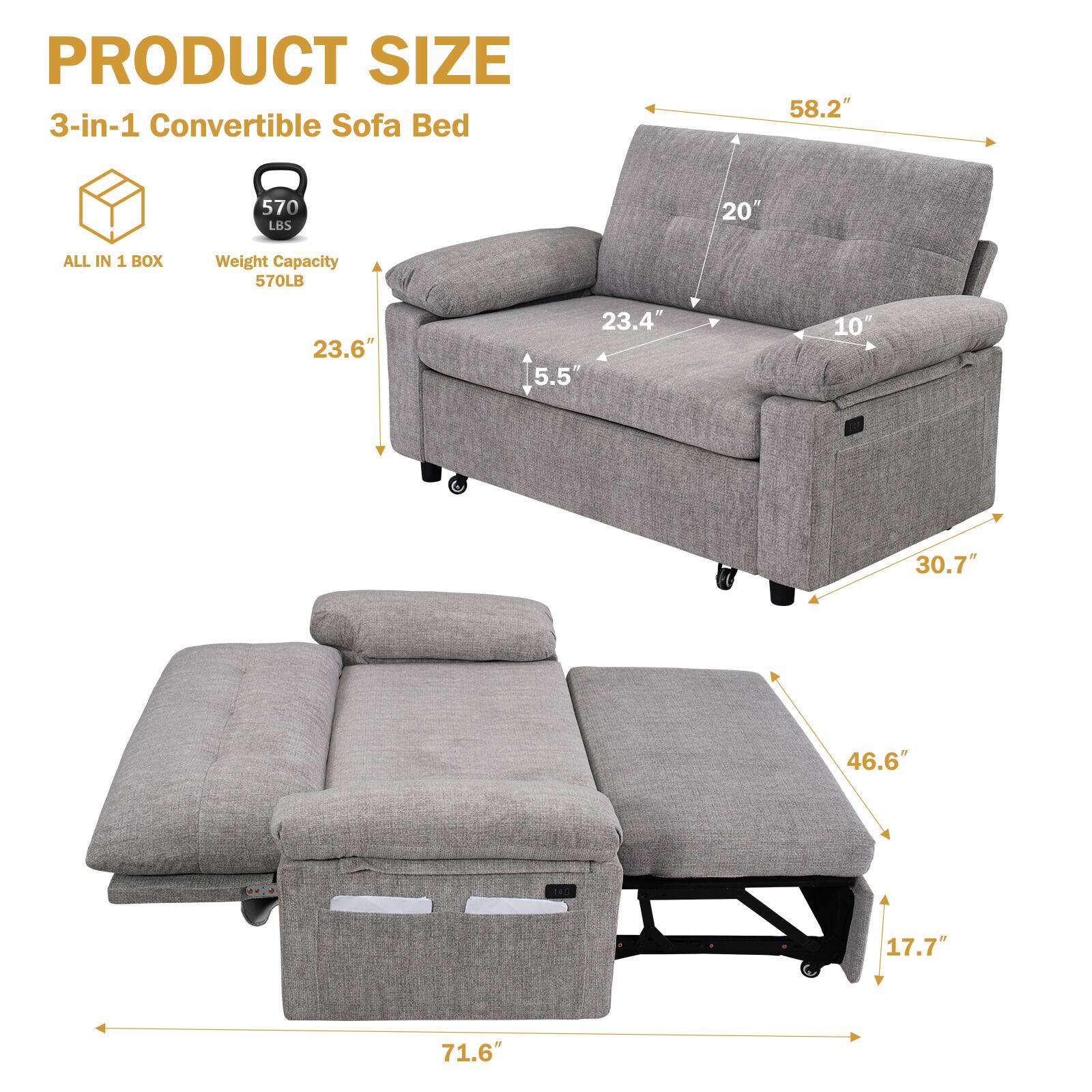 PRODUCT SIZE  
3-in-1 Convertible Sofa Bed  

ALL IN 1 BOX  
Weight Capacity 570LB  

58.2"  
20"  
23.4"  
10"  
5.5"  
30.7"  
46.6"  
17.7"  
71.6"  
23.6"
