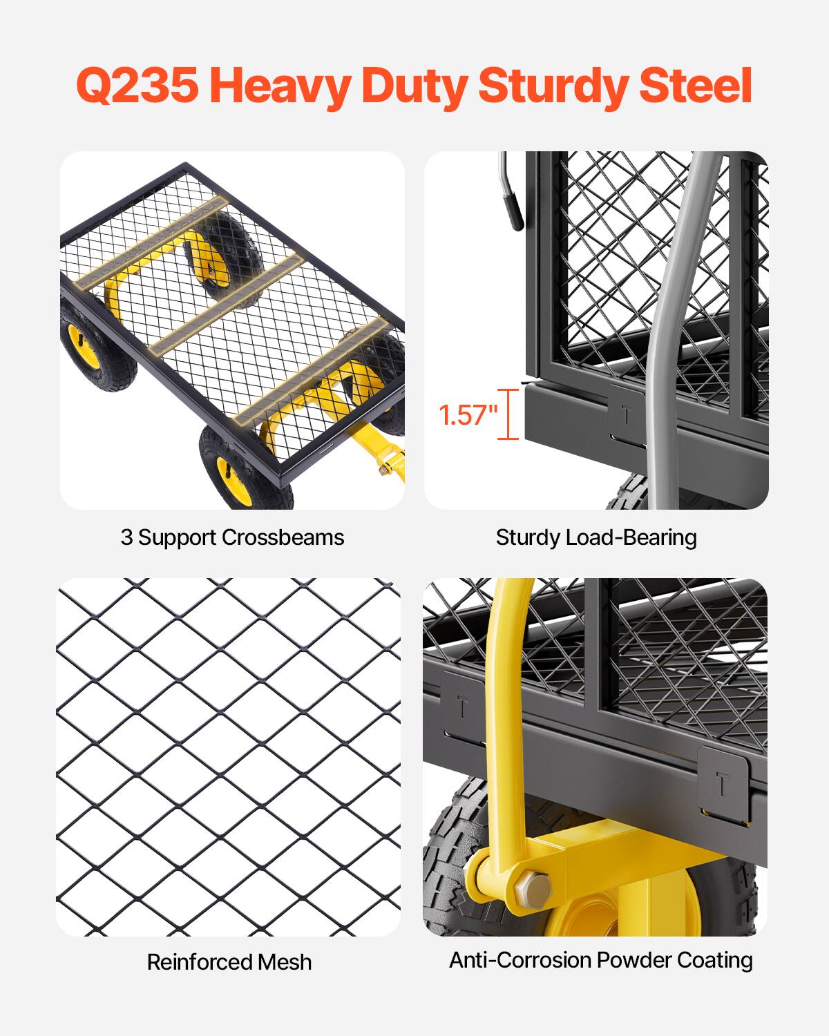 Q235 Heavy Duty Sturdy Steel

1.57"

3 Support Crossbeams

Sturdy Load-Bearing

Reinforced Mesh

Anti-Corrosion Powder Coating