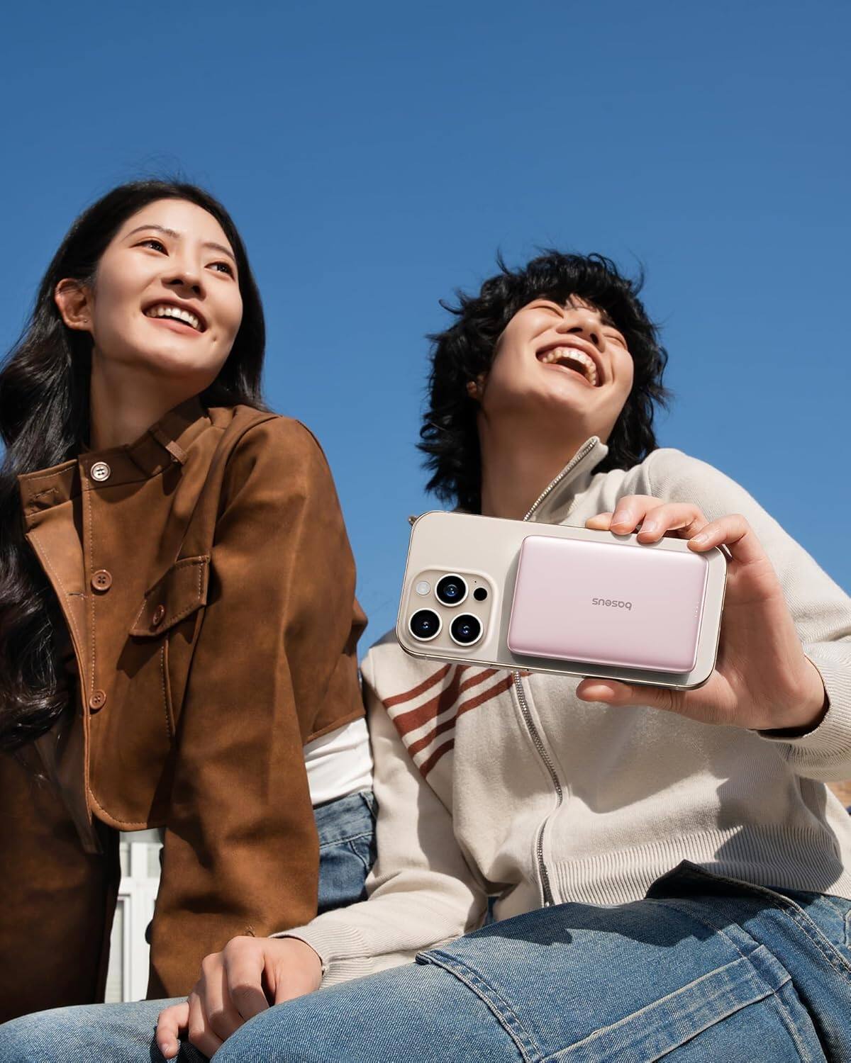 Alt View 2. Baseus - Baseus Picogo 5000mAh Ultra-Slim MagSafe Power Bank, Card-Size Wireless Charger with USB-C Braided Cable, Pink - Pink.