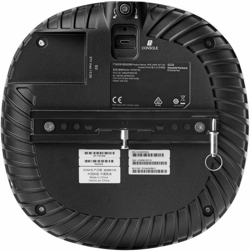 CONSOLE 57V max 0.3A E0

Product Name - E ANW AP725 Access // Hewlett Packard // Model: APIN0725 Enterprise

FCC 0 ORDAPIN0725 IC 6/5A-APIN0725 CAN S-0a NMB-00() Indoors use only CE - Pcteh d 112 - Ama R-NZ 30 40H4078-01 AP-725-RWV S4A22A

DOM/ 20250110

Made in China Hecho en China