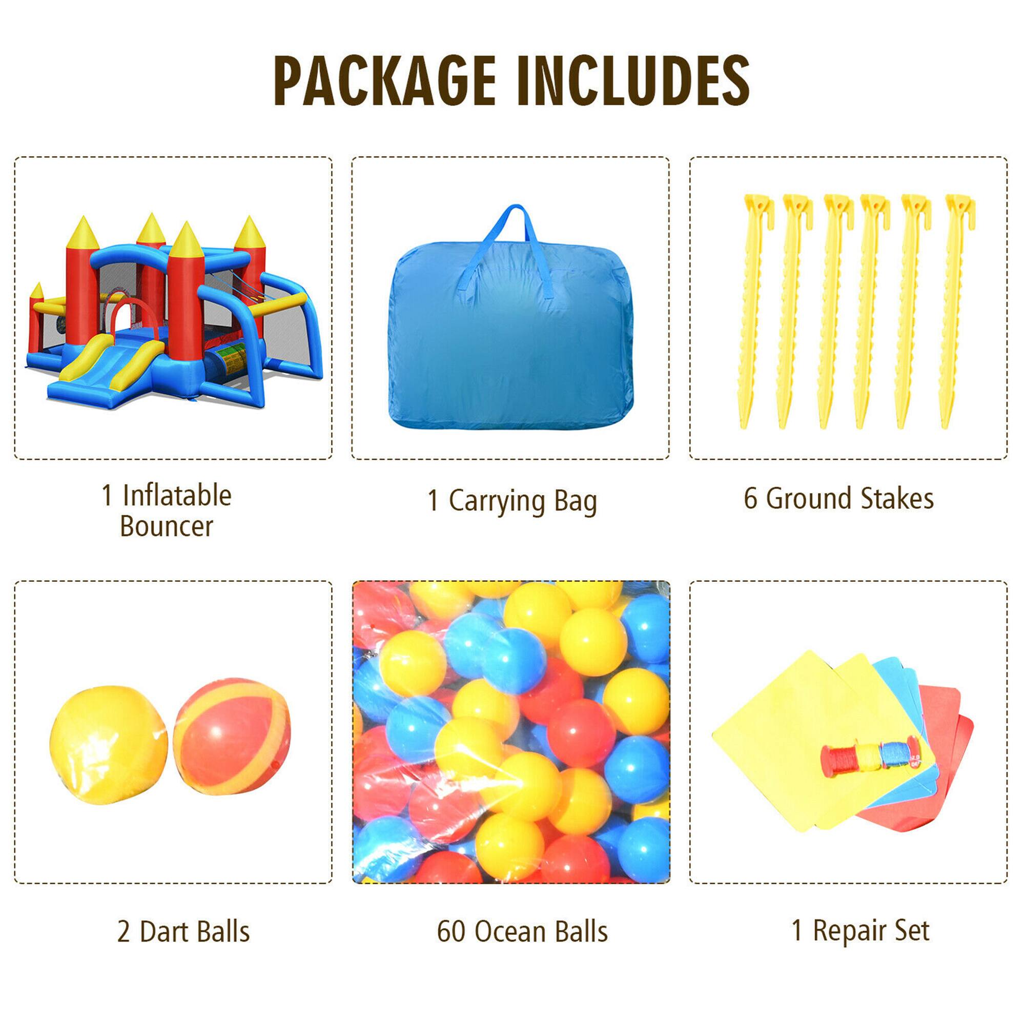 PACKAGE INCLUDES

1 Inflatable Bouncer  
1 Carrying Bag  
6 Ground Stakes  
2 Dart Balls  
60 Ocean Balls  
1 Repair Set