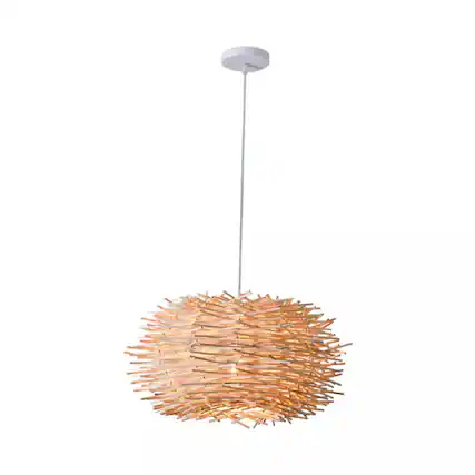 Front. Stock Preferred - Rustic Rattan Woven Pendant Light Bird Nest Hanging Chandelier - Brown.