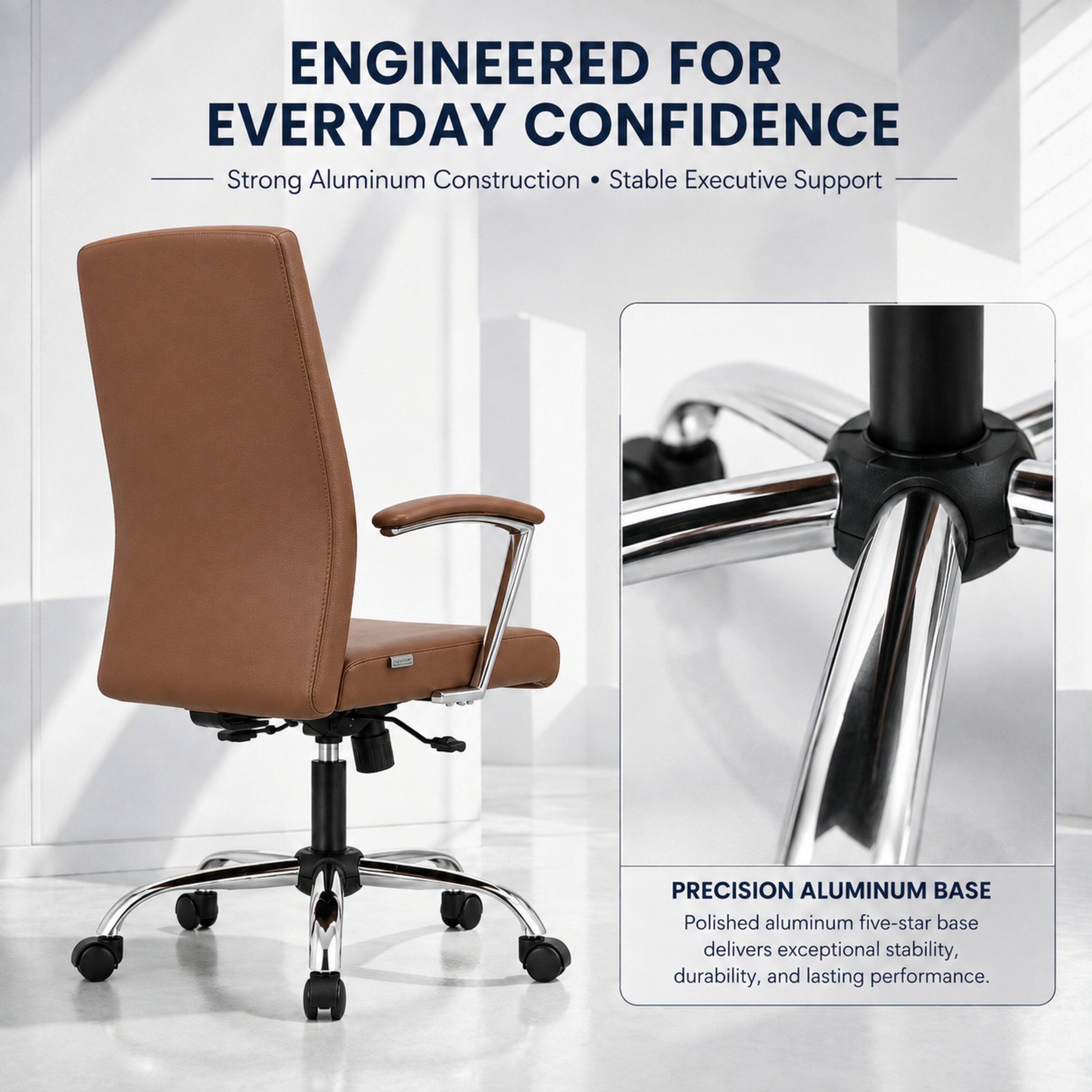 ENGINEERED FOR EVERYDAY CONFIDENCE  
Strong Aluminum Construction • Stable Executive Support  

PRECISION ALUMINUM BASE  
Polished aluminum five-star base delivers exceptional stability, durability, and lasting performance.