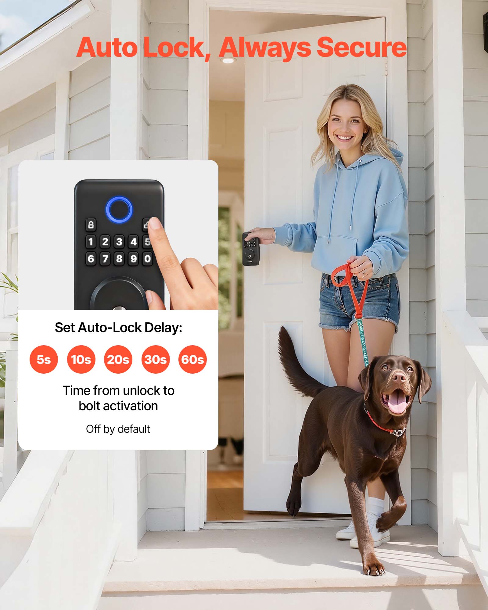 Auto Lock, Always Secure

Set Auto-Lock Delay:
5s 10s 20s 30s 60s

Time from unlock to bolt activation
Off by default