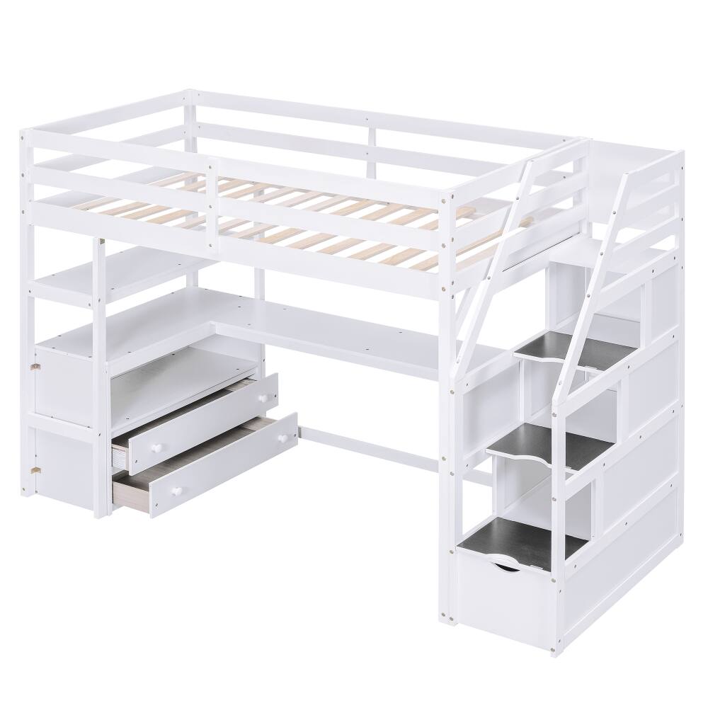 Alt View 7. Loheer - Loheer Twin Loft Bed with Desk Shelves Storage Stairs White - White.