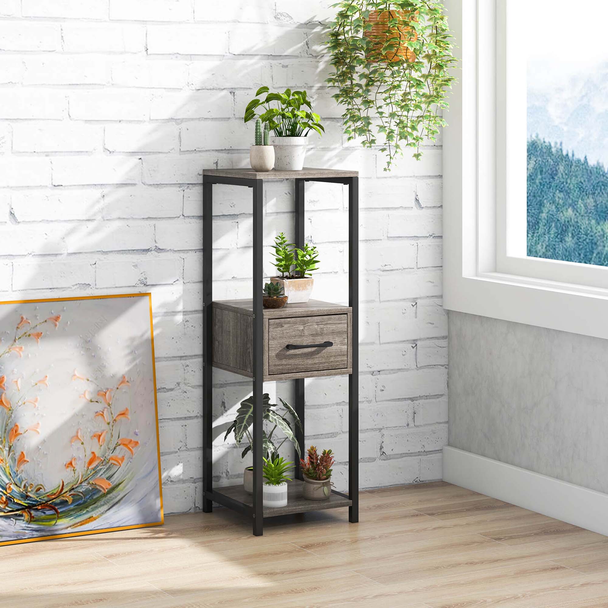 Alt View 3. Costway - 1 Pack 3 Tier Tall Metal Plant Stand Indoor Plant Table with Drawer Anti-tipping Devices - Grey.