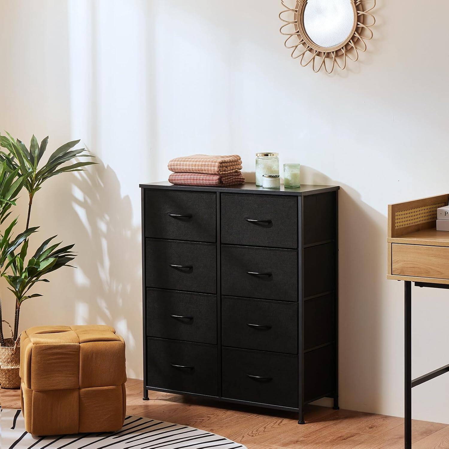 Left. AOITUN - 8 Drawer Dresser for Bedroom, Tall Fabric Storage Chest, Sturdy Steel Frame Organizer with Wood Top for Closet, Black - Black.