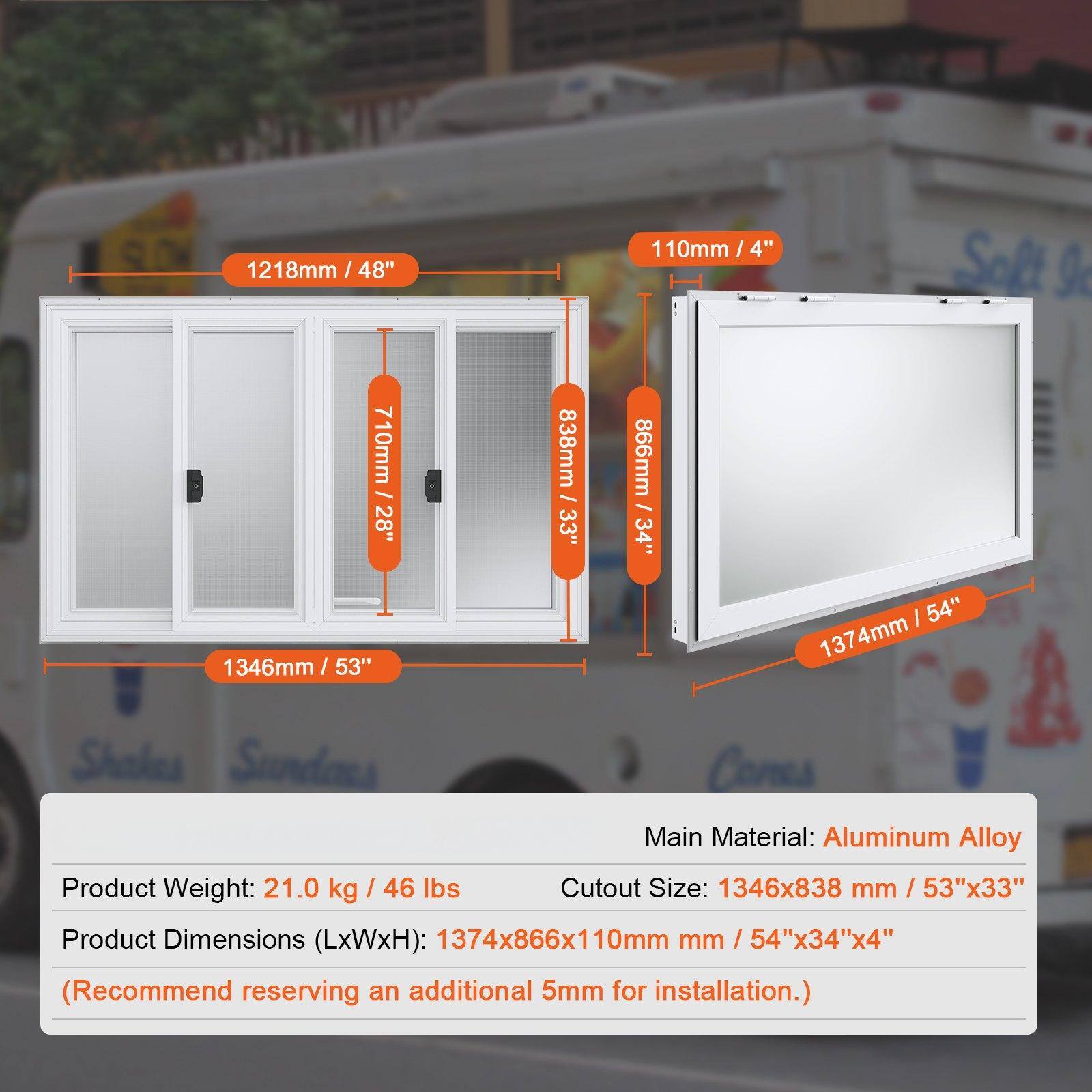 1218mm / 48"  
110mm / 4"  
710mm / 28"  
838mm / 33"  
866mm / 34"  
1346mm / 53"  
1374mm / 54"  

Main Material: Aluminum Alloy  
Product Weight: 21.0 kg / 46 lbs  
Cutout Size: 1346x838 mm / 53"x33"  
Product Dimensions (LxWxH): 1374x866x110mm / 54"x34"x4"  
(Recommend reserving an additional 5mm for installation.)