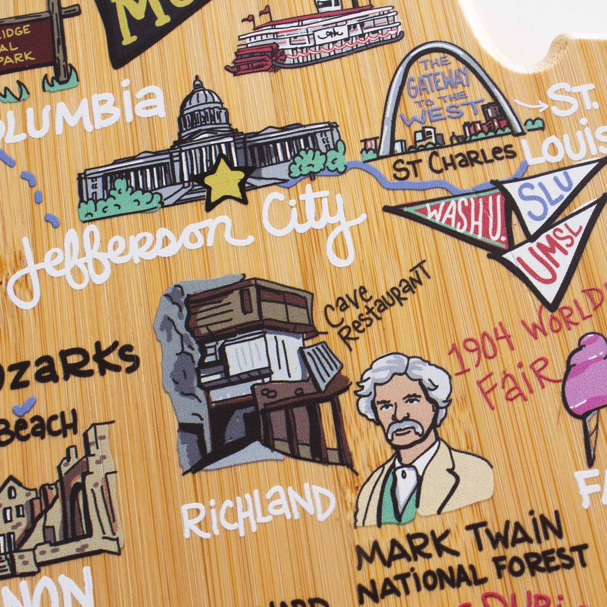 - Ridge Mall Park
- Columbia
- Jefferson City
- The Gateway to the West
- St. Louis
- St. Charles
- WashU
- SLU
- UMSL
- Cave Restaurant
- Ozarks
- Beach
- Richland
- 1904 World Fair
- Mark Twain National Forest