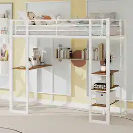 Loheer - Twin Loft Bed with Desk and Storage Shelves Modern Metal Wood Space Saving Frame for Small Rooms - White