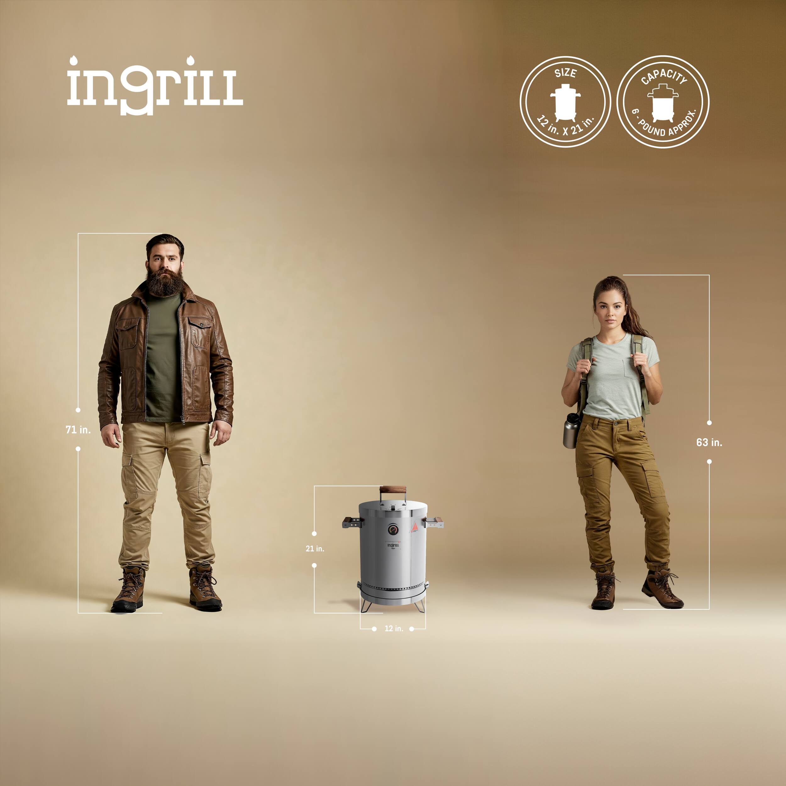 ingrill

SIZE  
12 in. x 21 in.

CAPACITY  
8 POUND APPROX.

71 in.

21 in.

63 in.