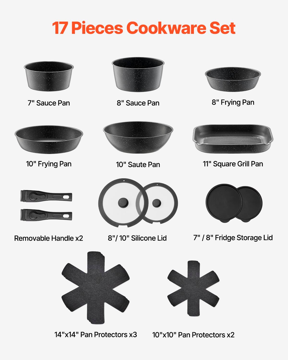 17 Pieces Cookware Set

- 7" Sauce Pan
- 8" Sauce Pan
- 8" Frying Pan
- 10" Frying Pan
- 10" Saute Pan
- 11" Square Grill Pan
- Removable Handle x2
- 8"/10" Silicone Lid
- 7"/8" Fridge Storage Lid
- 14"x14" Pan Protectors x3
- 10"x10" Pan Protectors x2