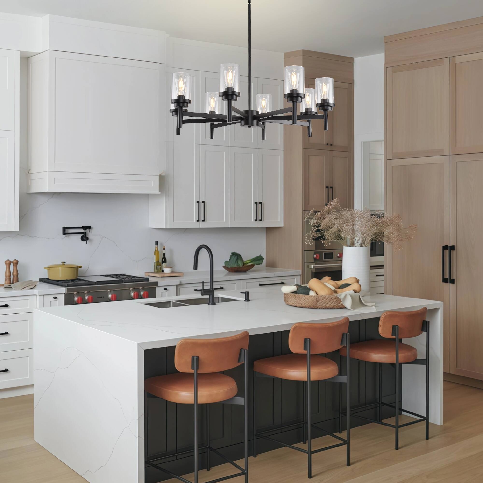 Left. RYHNUYNE - 8-Light Dining Room Light Fixtures Over Table,Black Farmhouse Glass Chandelier,Industrial Lighting for Living Room Foyer - Black.