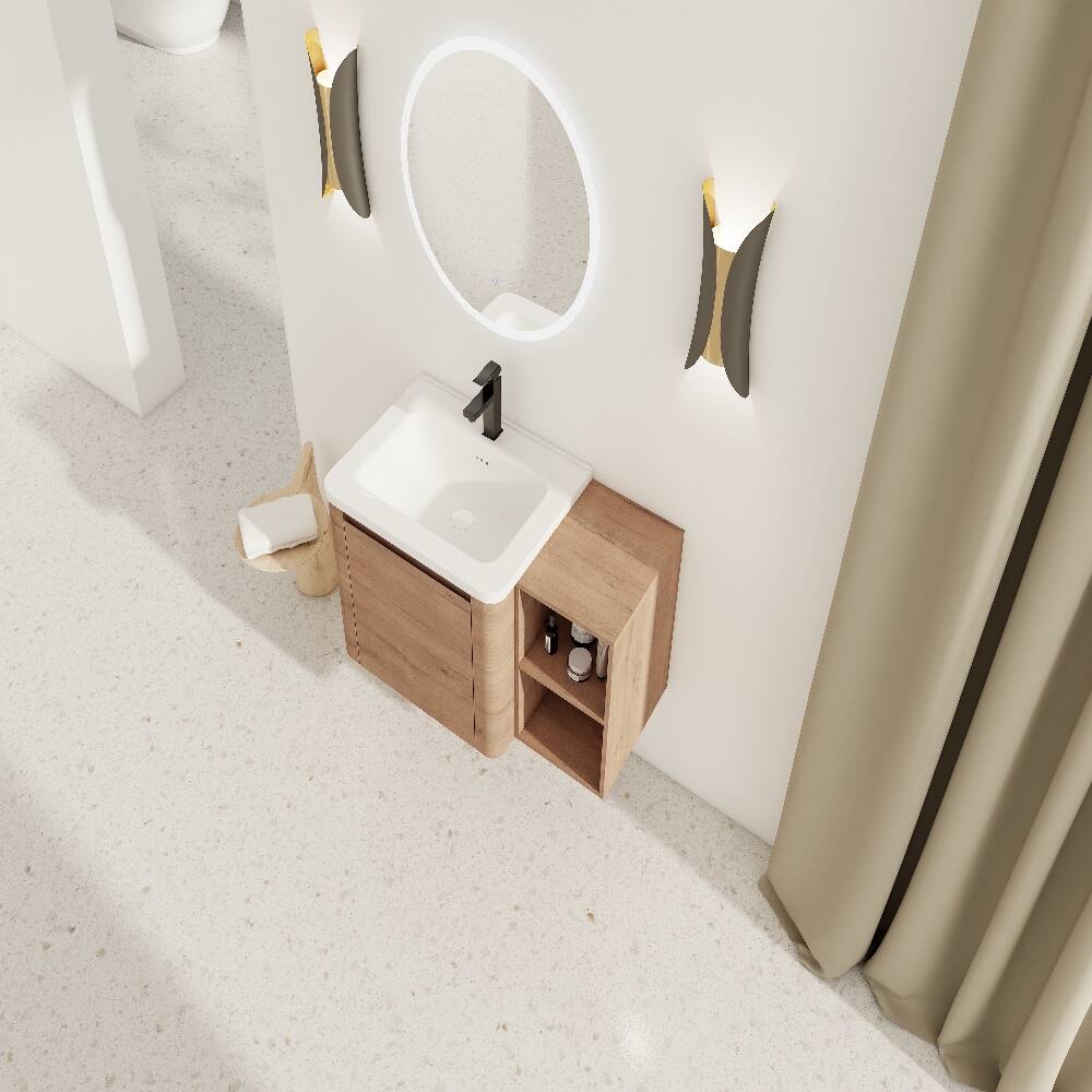 Alt View 3. Loheer - Loheer 36 inch wall mounted bathroom vanity with white ceramic sink and storage shelves, Imitative Oak - Imitative Oak.