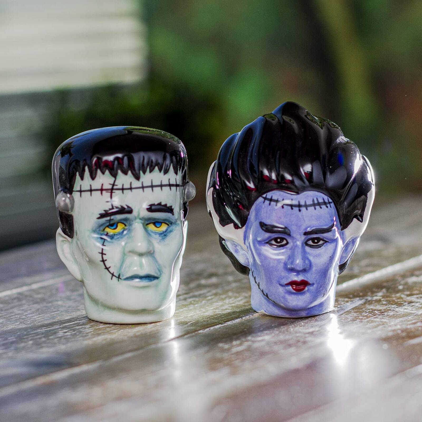 Angle. Pacific Trading - Mr and Mrs Frankenstein Magnetic Ceramic Salt and Pepper Shaker Set - Multicolor.
