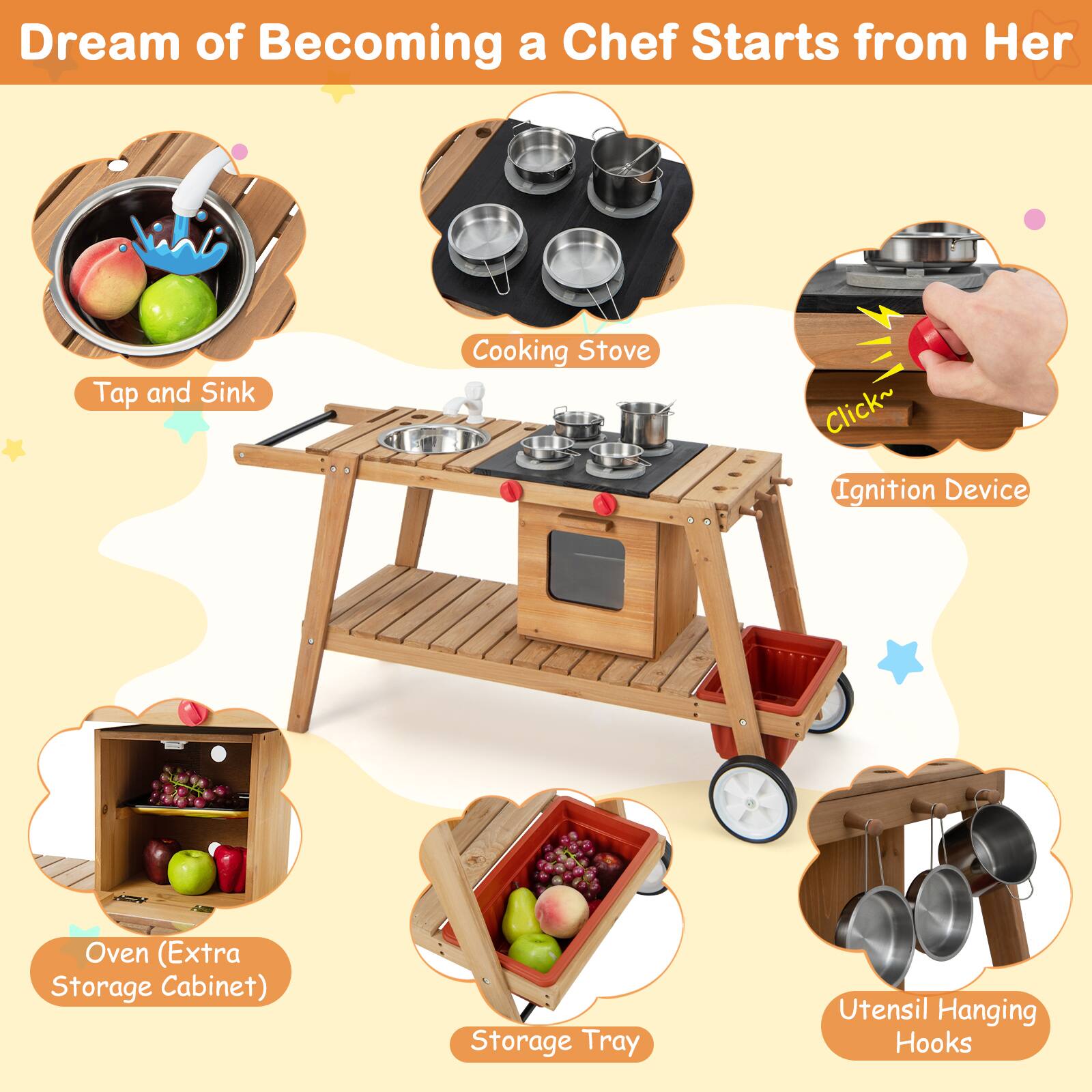 Dream of Becoming a Chef Starts from Her

- Tap and Sink
- Cooking Stove
- Ignition Device
- Oven (Extra Storage Cabinet)
- Storage Tray
- Utensil Hanging Hooks